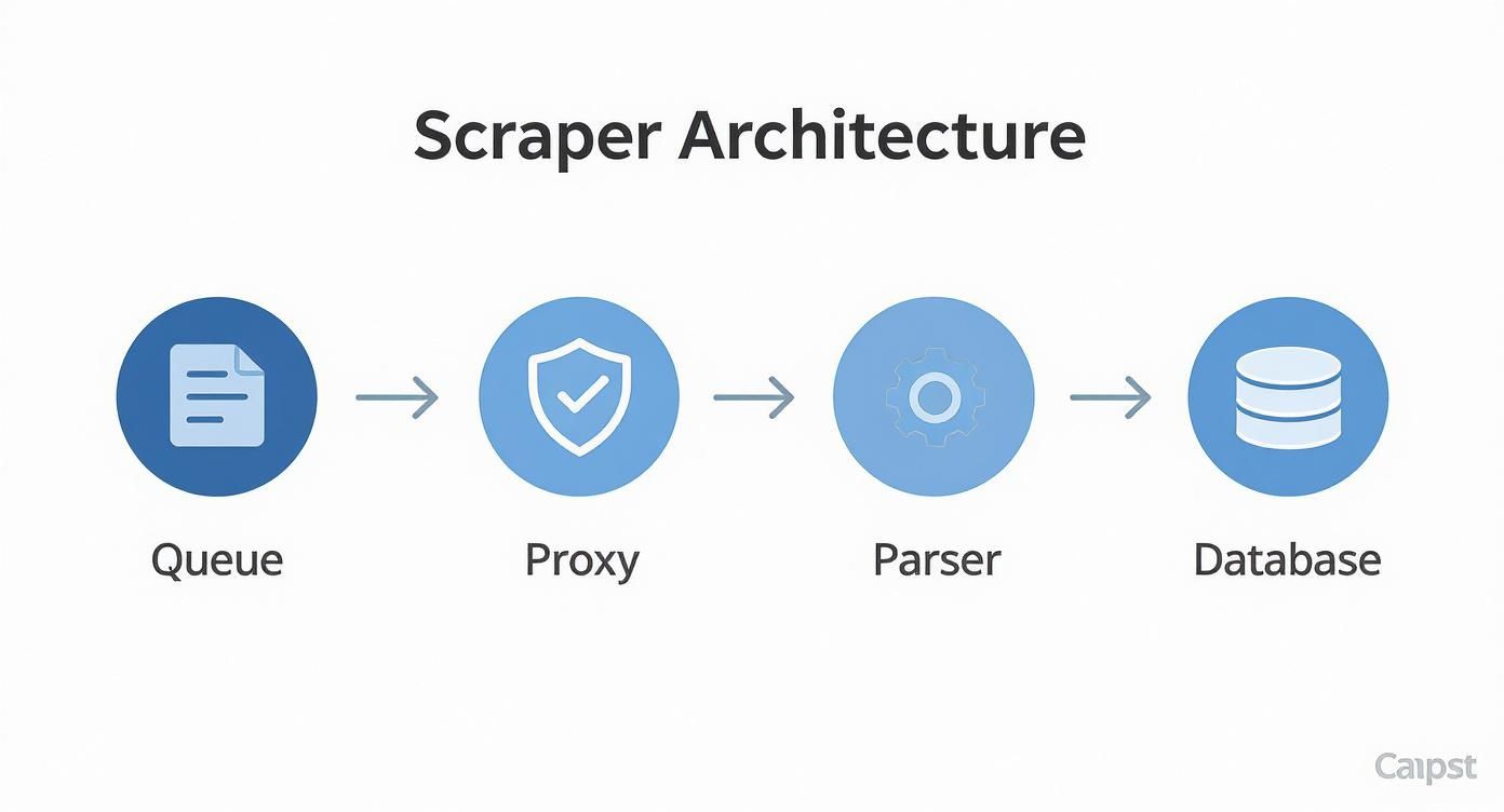 Web scraper architecture diagram showing data flow from queue through proxy and parser to database storage