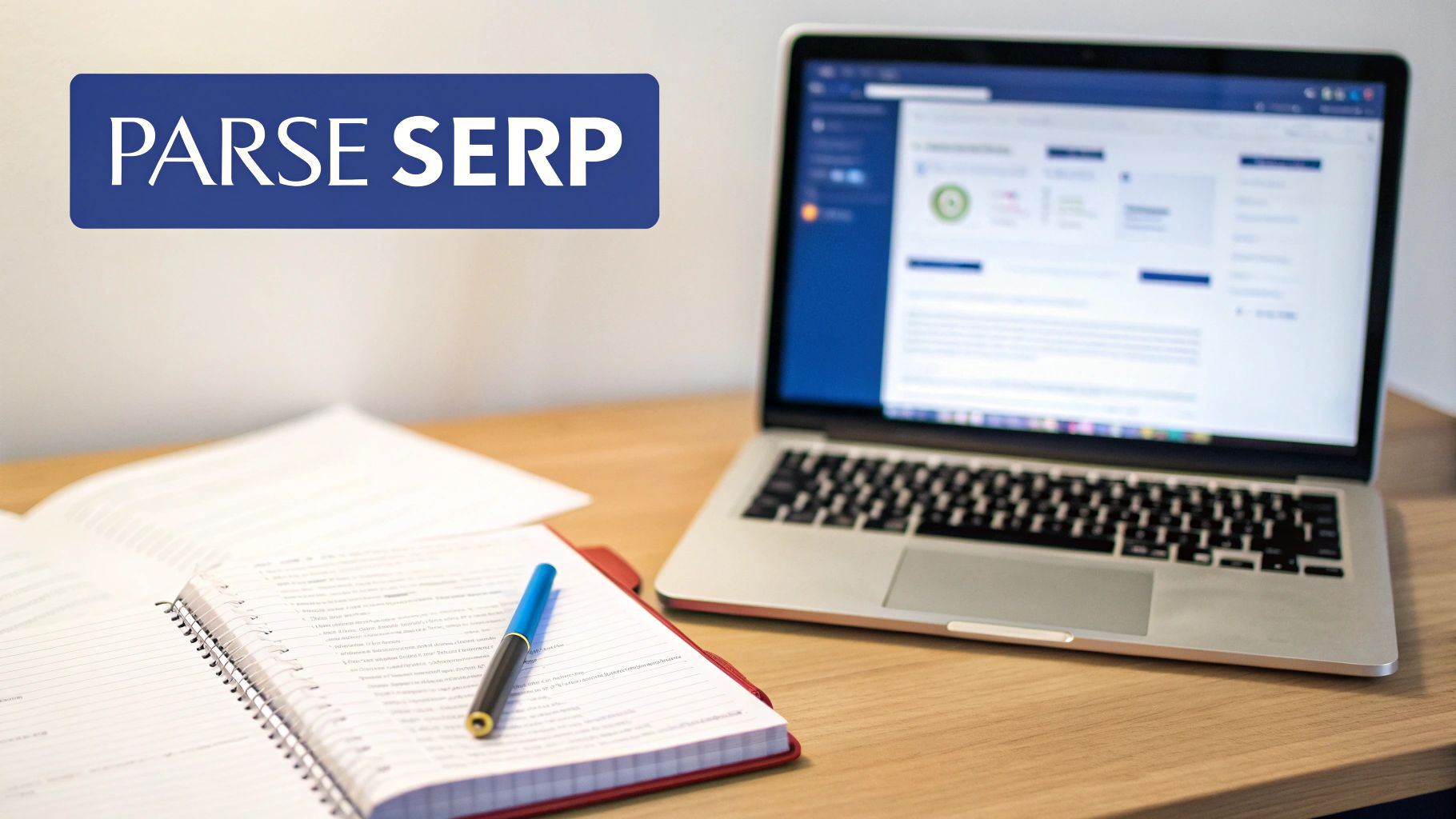 A laptop on a wooden desk showing a web page, with an open notebook, pen, and a 'PARSE SERP' banner.