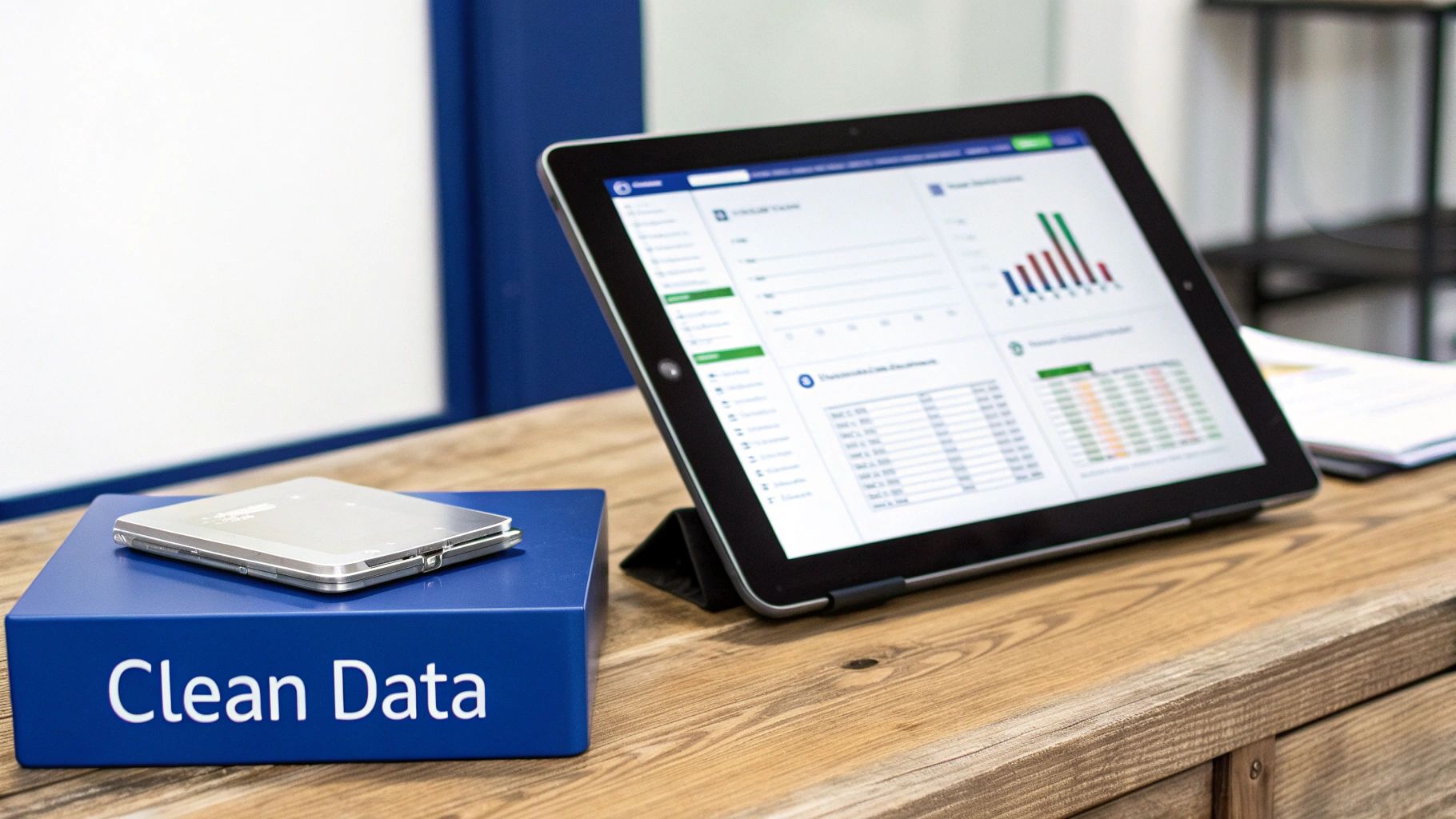 Tablet displaying data analytics dashboard with spreadsheets and charts on wooden desk with clean data binder