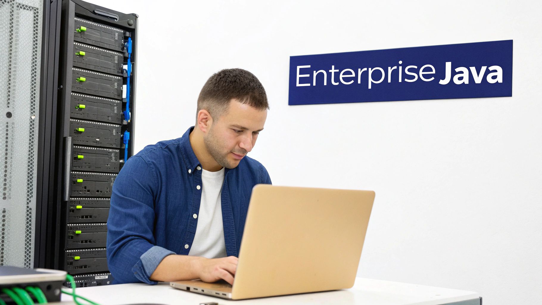 A laptop displaying Java code with abstract digital network lines in the background, representing data connections.