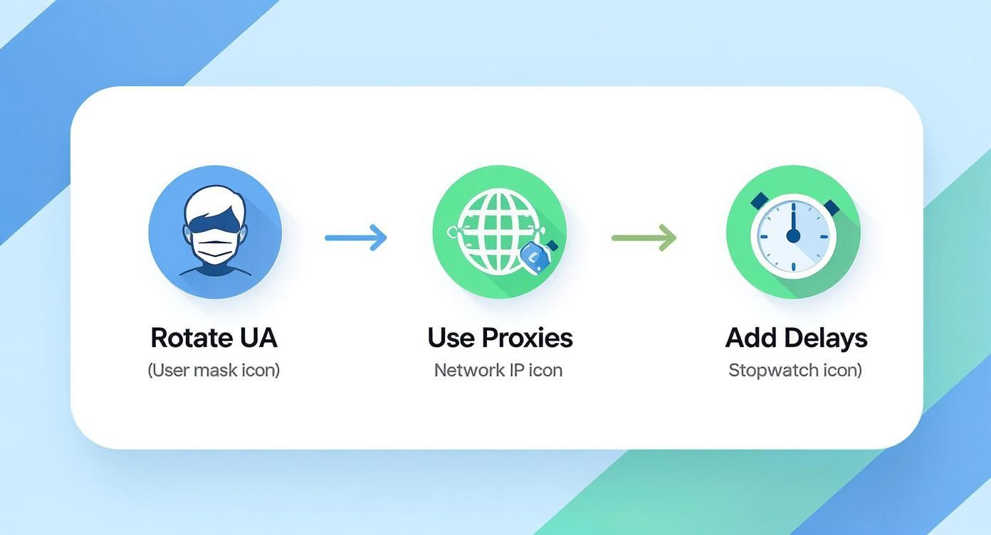 A three-step process diagram illustrating how to manage requests: rotate user agent, use proxies, and add delays.