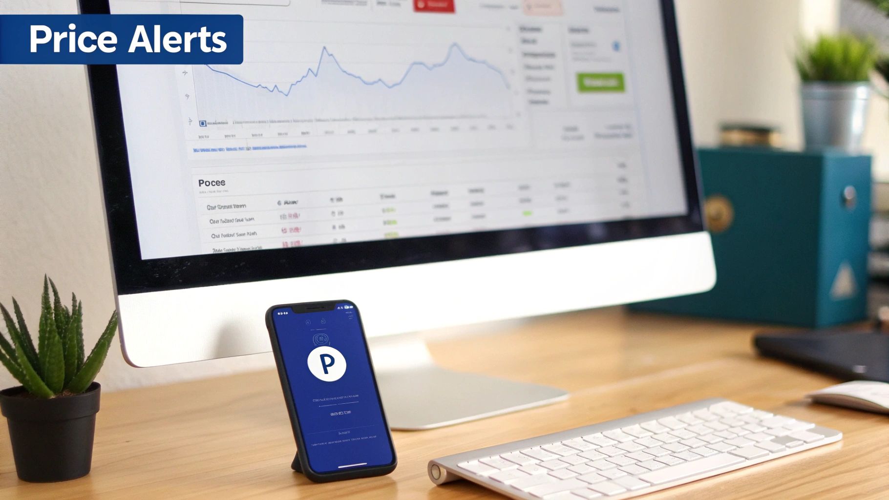 Price alerts dashboard on computer monitor with mobile app showing competitor pricing tracking interface