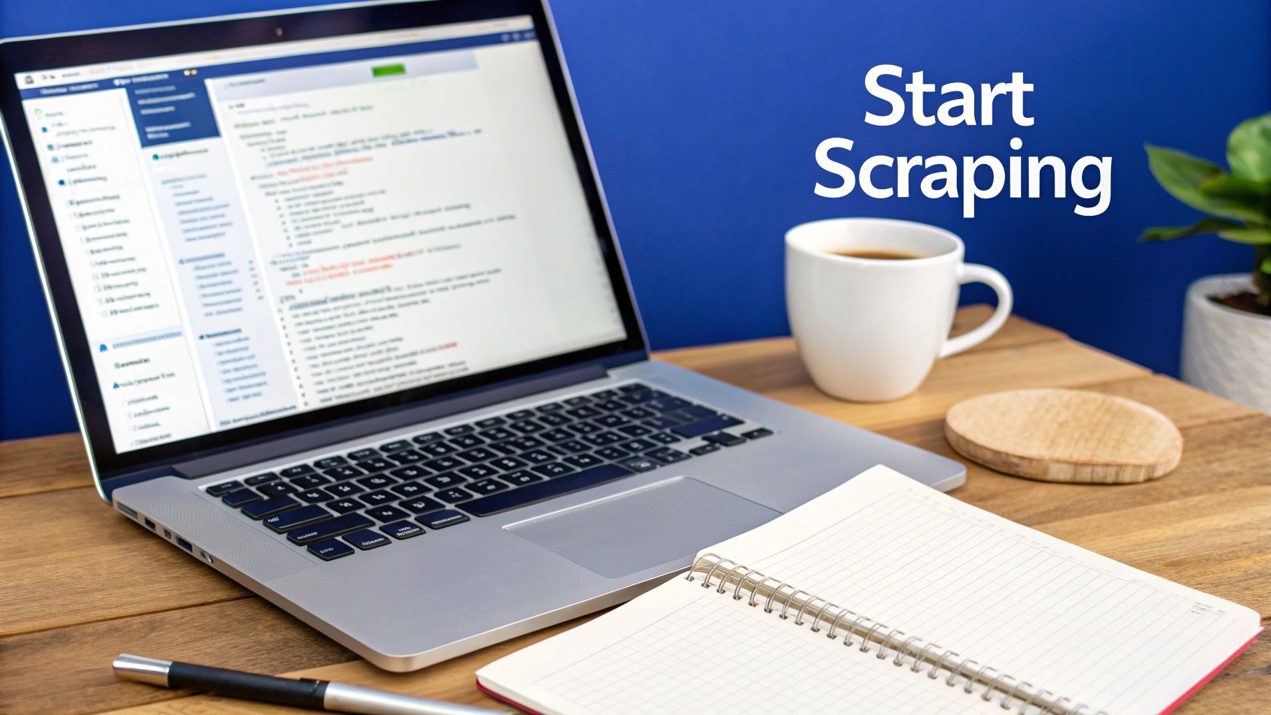 A laptop displaying lines of Python code for web scraping with a network graphic overlay.