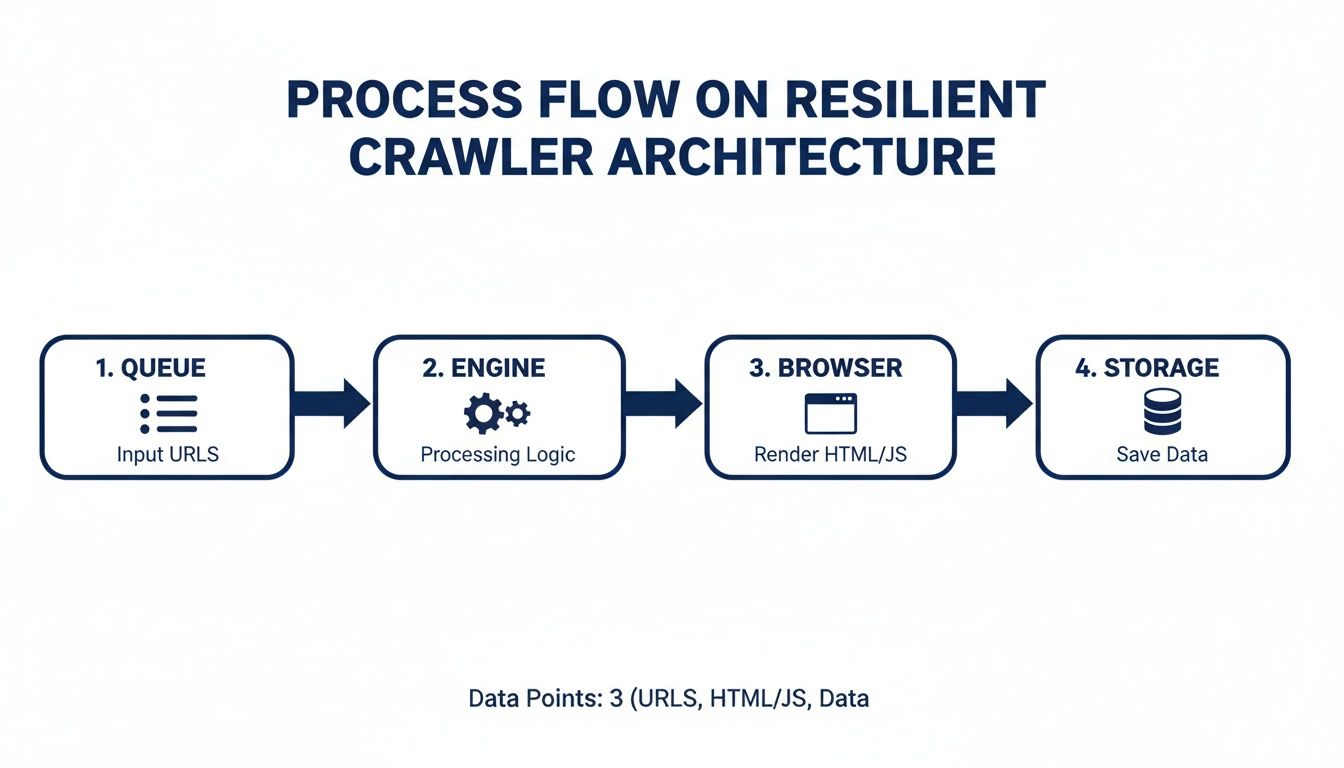Flowchart illustrating the resilient web crawler architecture, from input URLs to data storage.