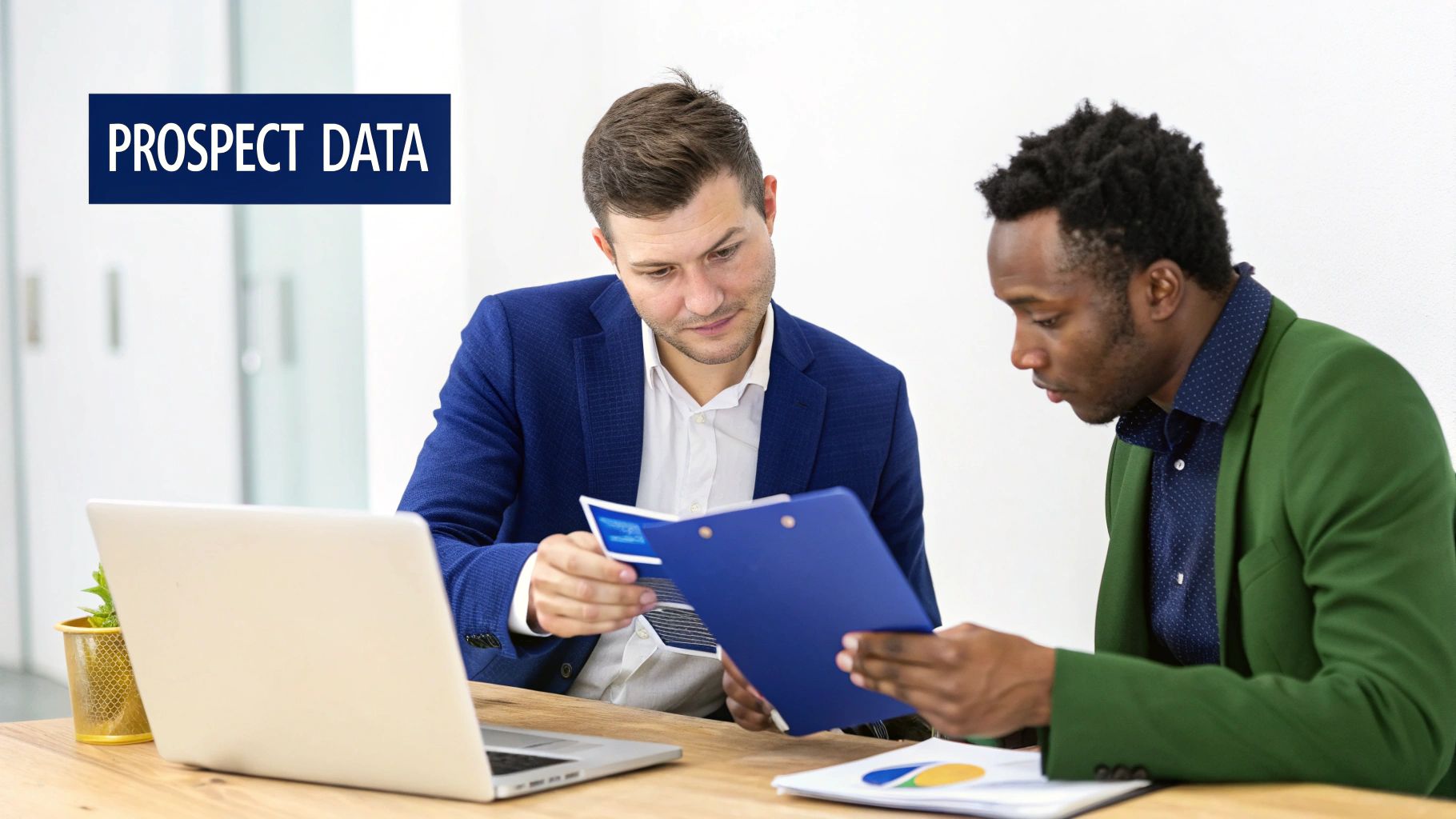 Two diverse businessmen review prospect data on documents and a laptop during a professional meeting.