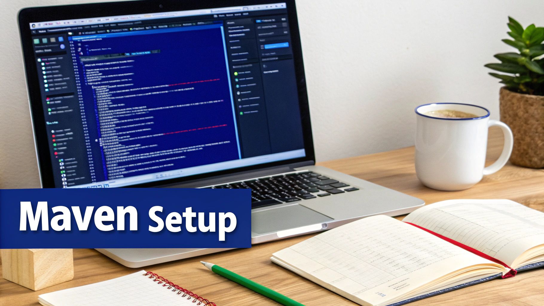 A programmer setting up a Java project on a laptop with code snippets and dependency graphs floating around the screen.