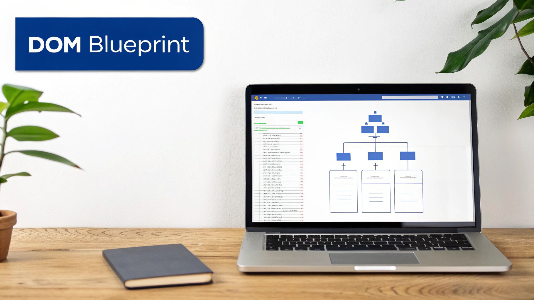 A laptop on a wooden desk displaying a DOM blueprint diagram, with a plant and a notebook.