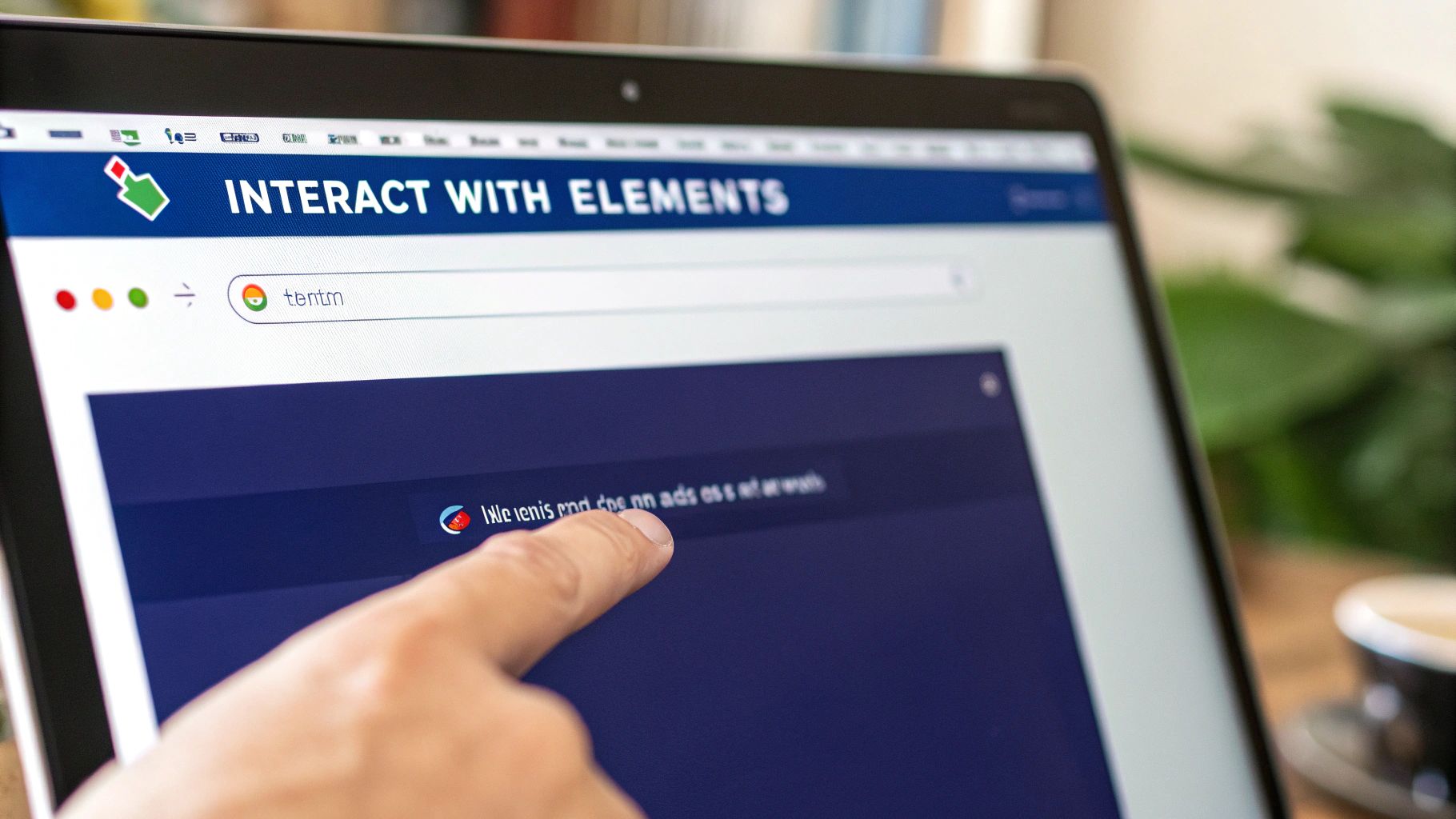 A finger pointing at a laptop screen displaying a web page with a search bar and text.