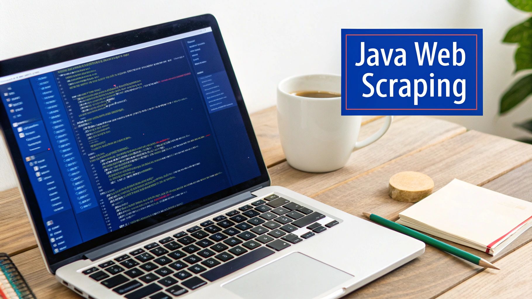 Laptop displaying Java web scraping code on a wooden desk with a coffee mug and notebook.