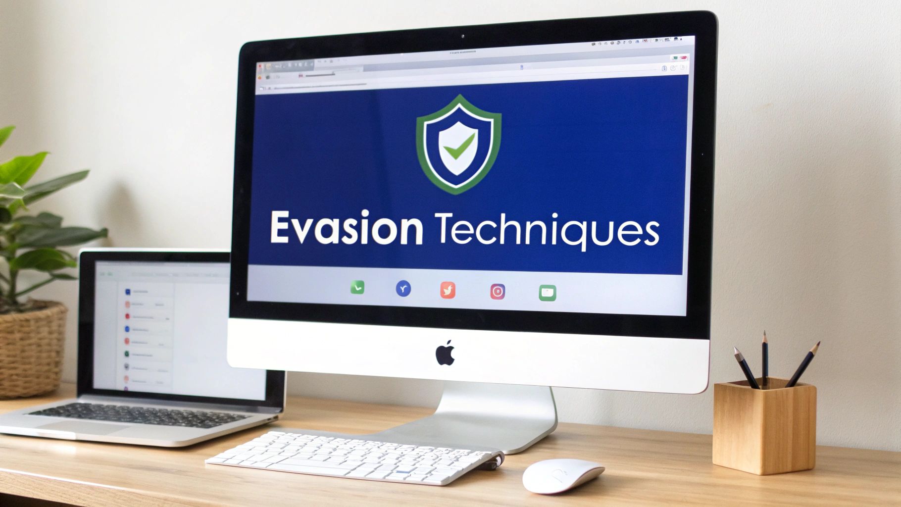 Desktop computer displaying Evasion Techniques security shield logo with social media icons on modern workspace