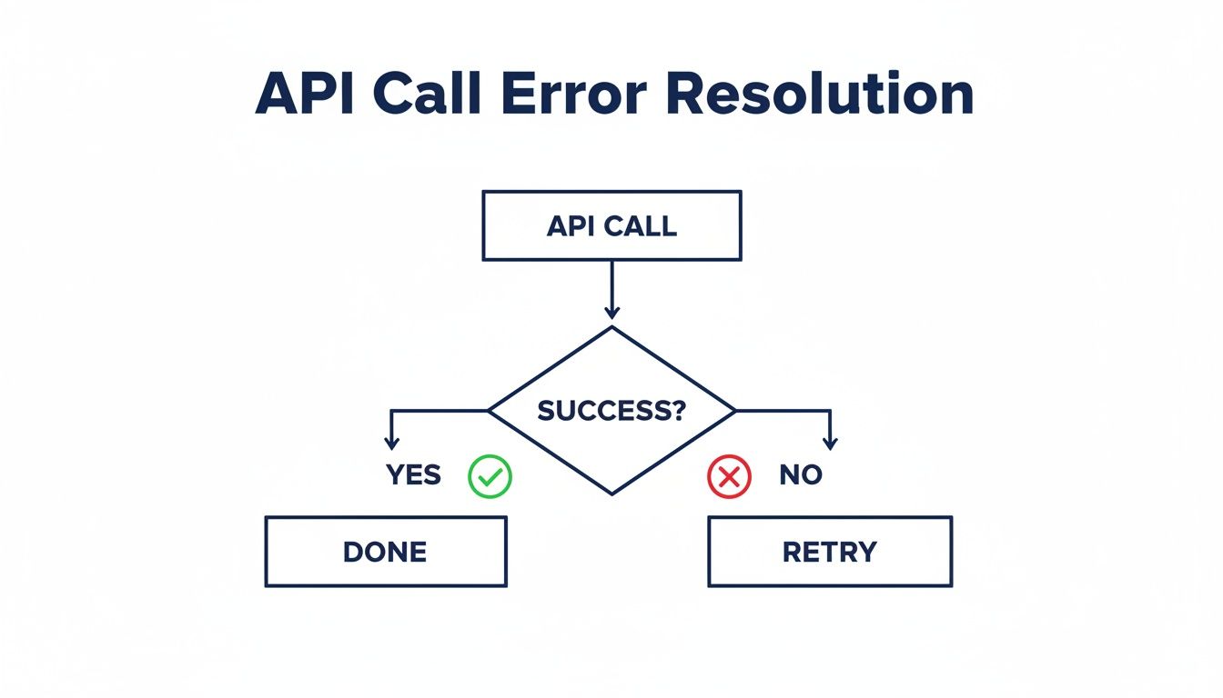 Flowchart detailing API call error resolution process. If successful, it's done; if not, retry the call.