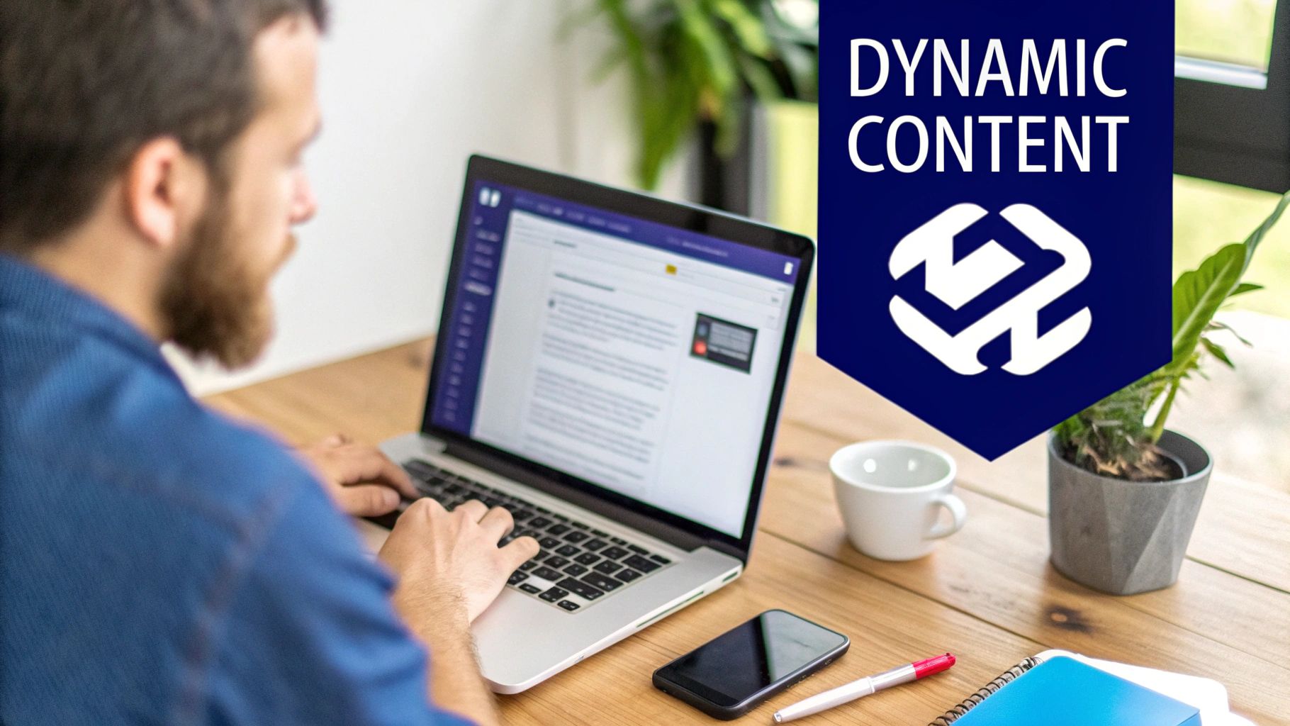 Bearded man in blue shirt typing on a laptop at a desk with 'Dynamic Content' banner.