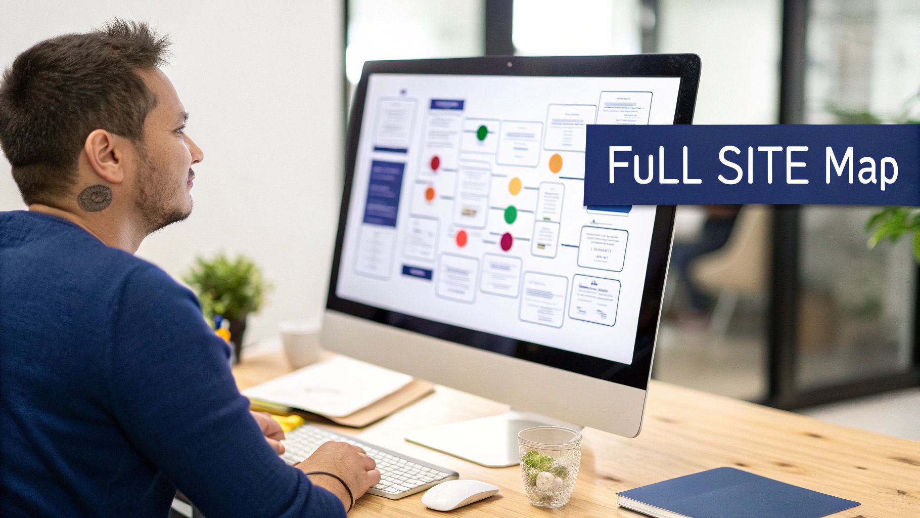 Man in a blue sweater designs a full site map on a computer screen, demonstrating website architecture.