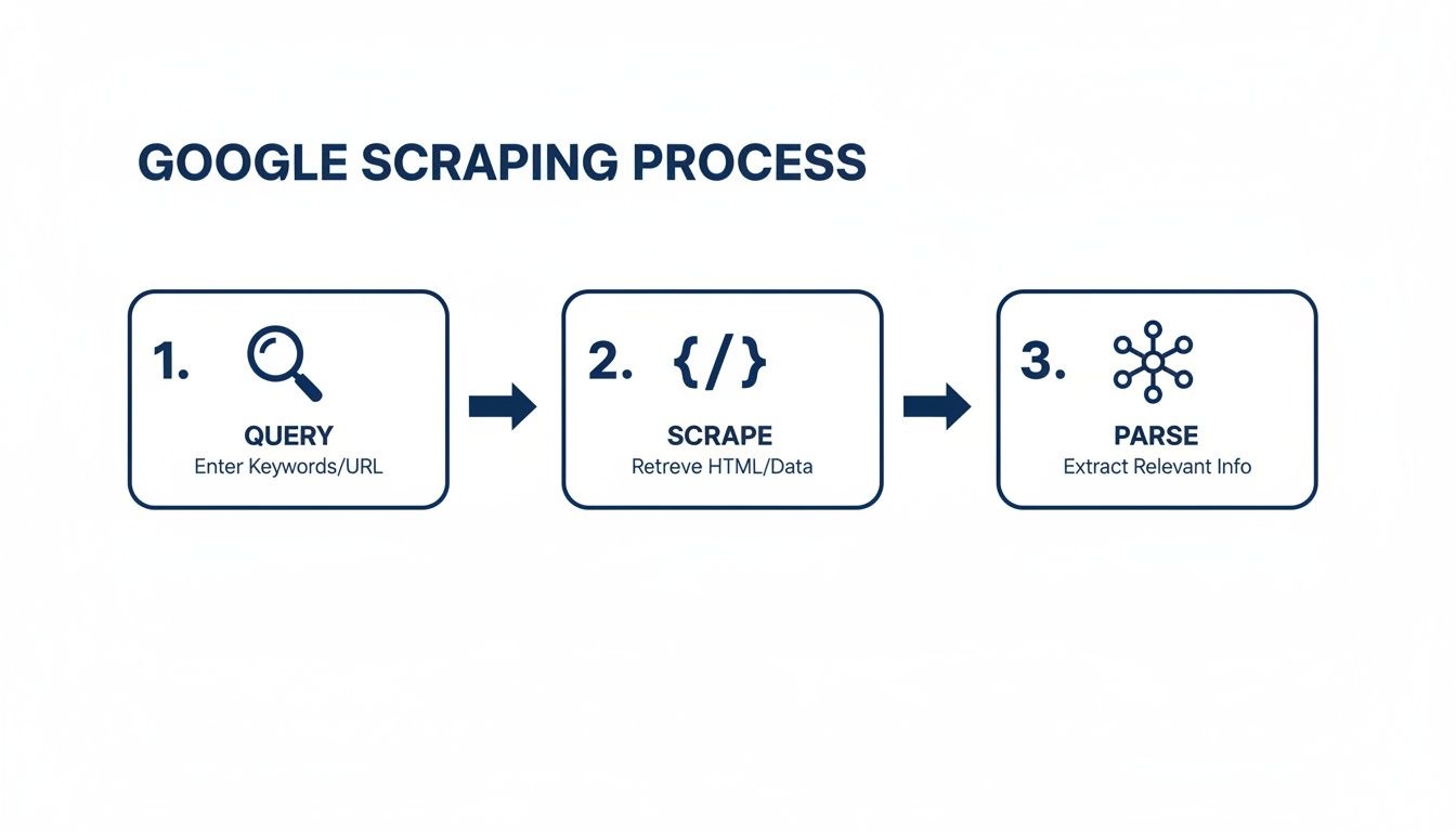 Flowchart illustrating the Google scraping process with steps: Query, Scrape, and Parse data.