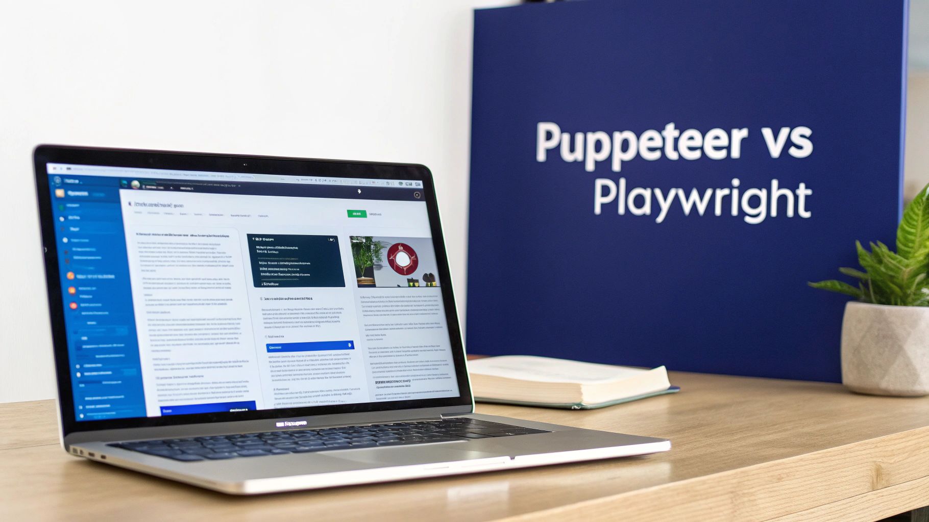 Two robots collaborating on a computer, symbolizing browser automation tools.