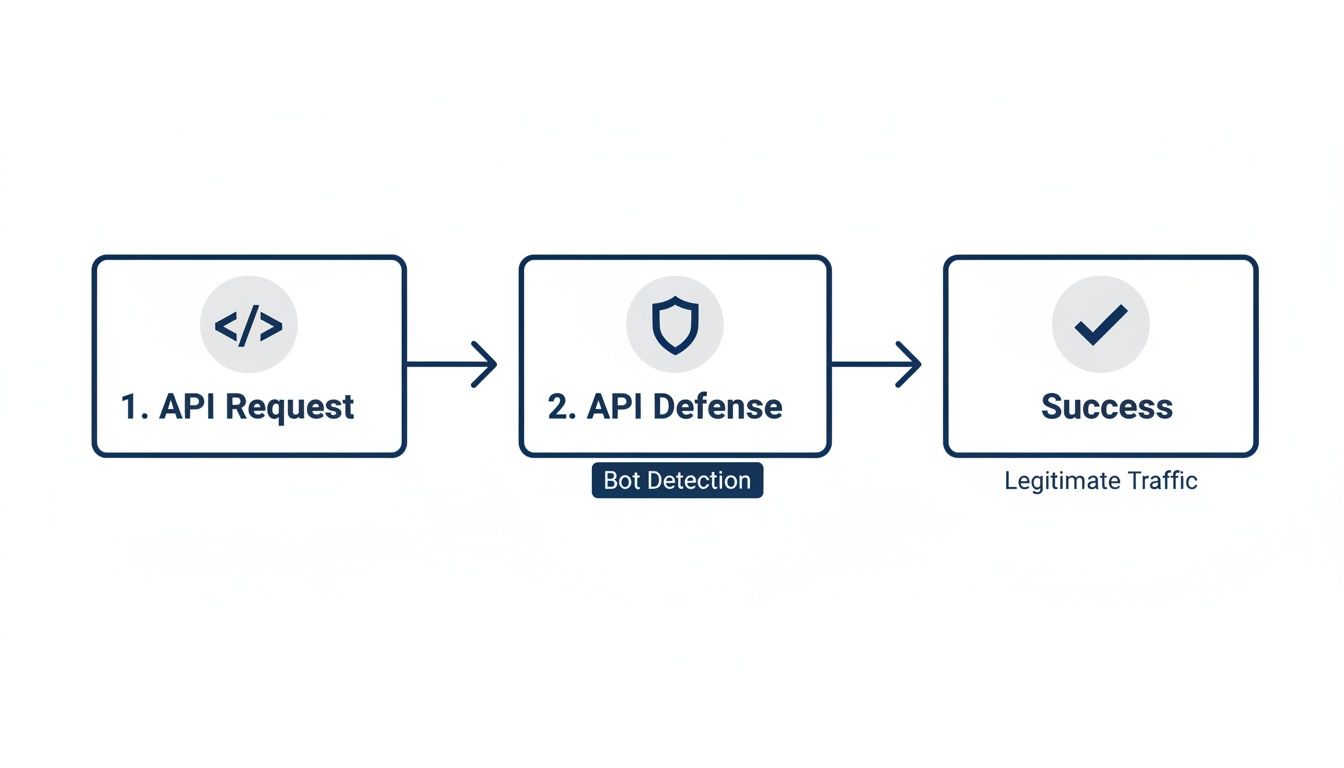 A flowchart illustrating API request processing, API defense with bot detection, and successful handling of legitimate traffic.