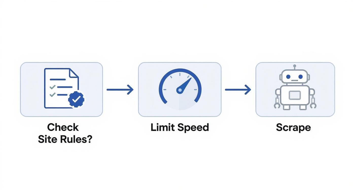Flowchart detailing the web scraping process: check site rules, limit speed, then scrape data.
