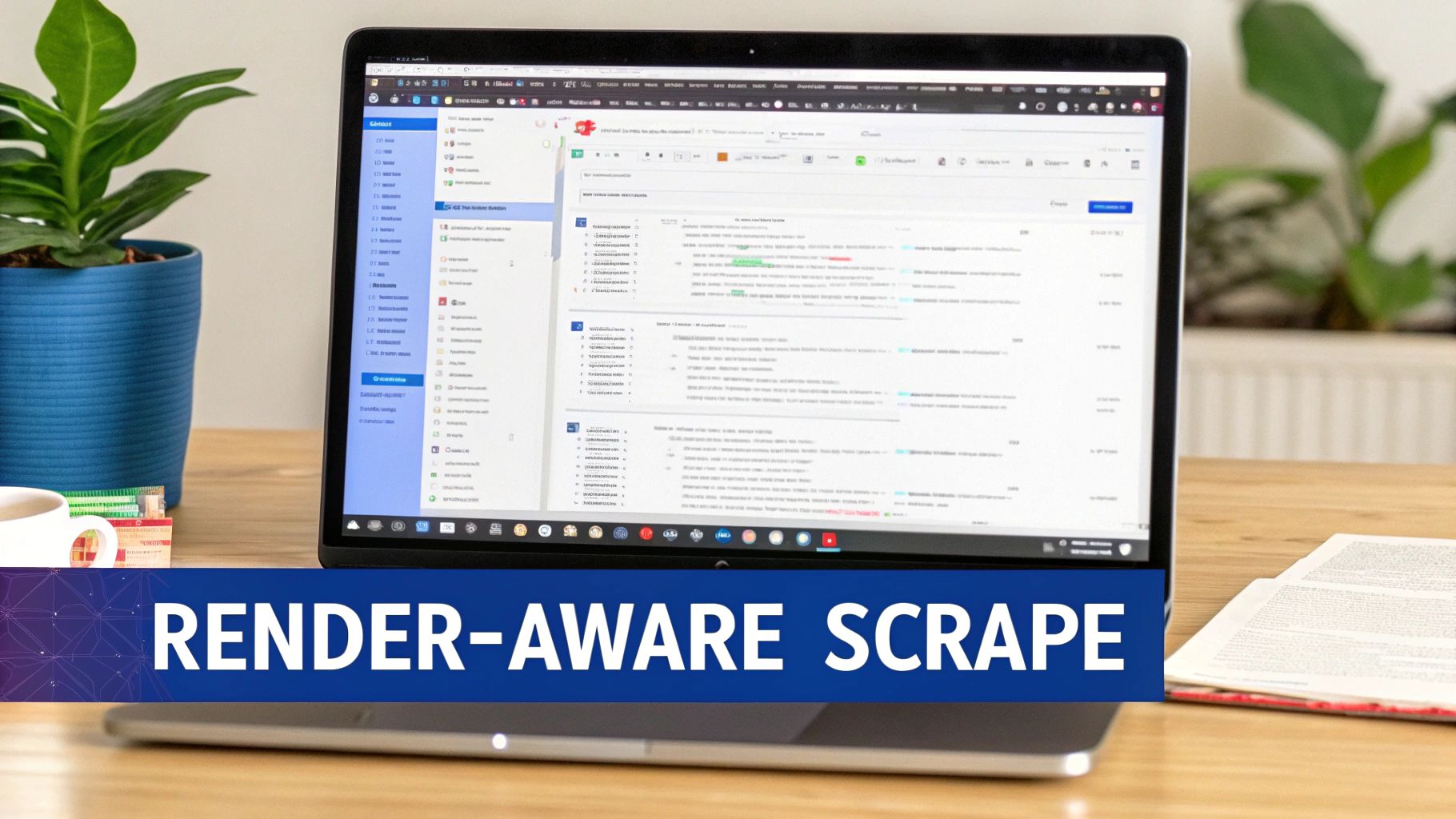 Laptop displaying render-aware web scraping interface with code editor and data extraction tools on desk