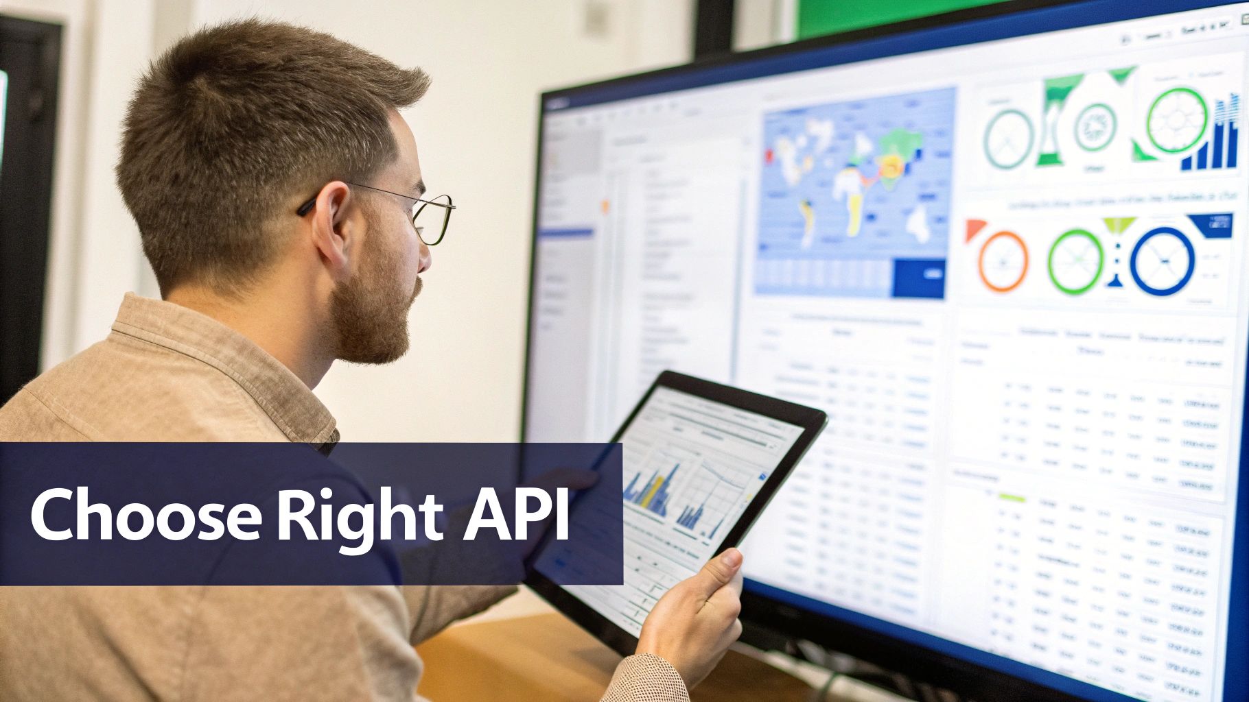A man with glasses reviews data dashboards on a large monitor and tablet, choosing the right API.