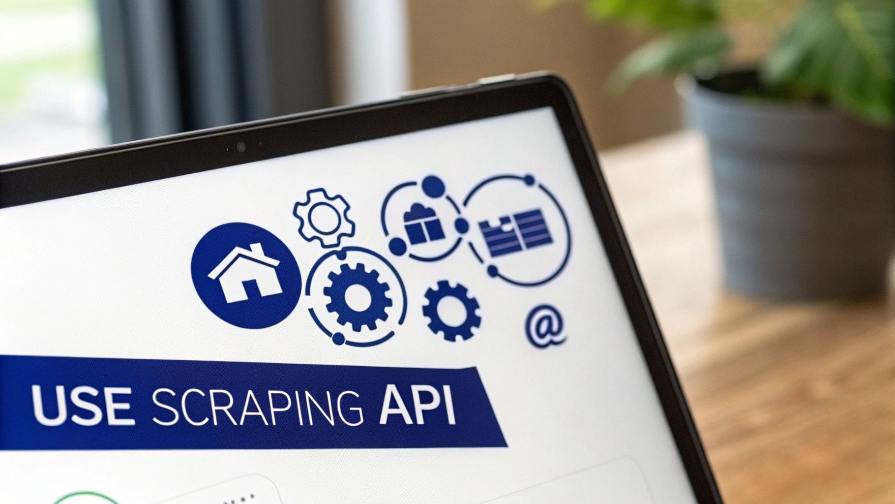 Laptop screen shows 'USE SCRAPING API' with blue icons representing data extraction and web services.