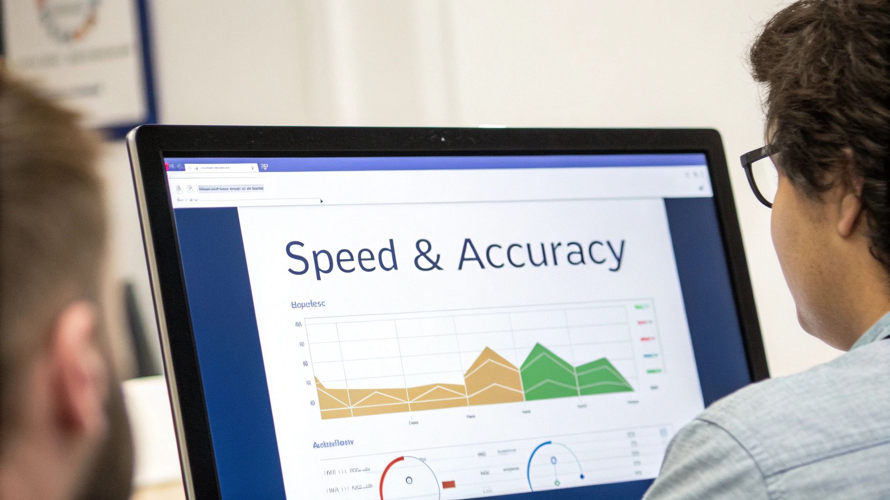 Person viewing data analytics dashboard with speed and accuracy metrics on computer screen