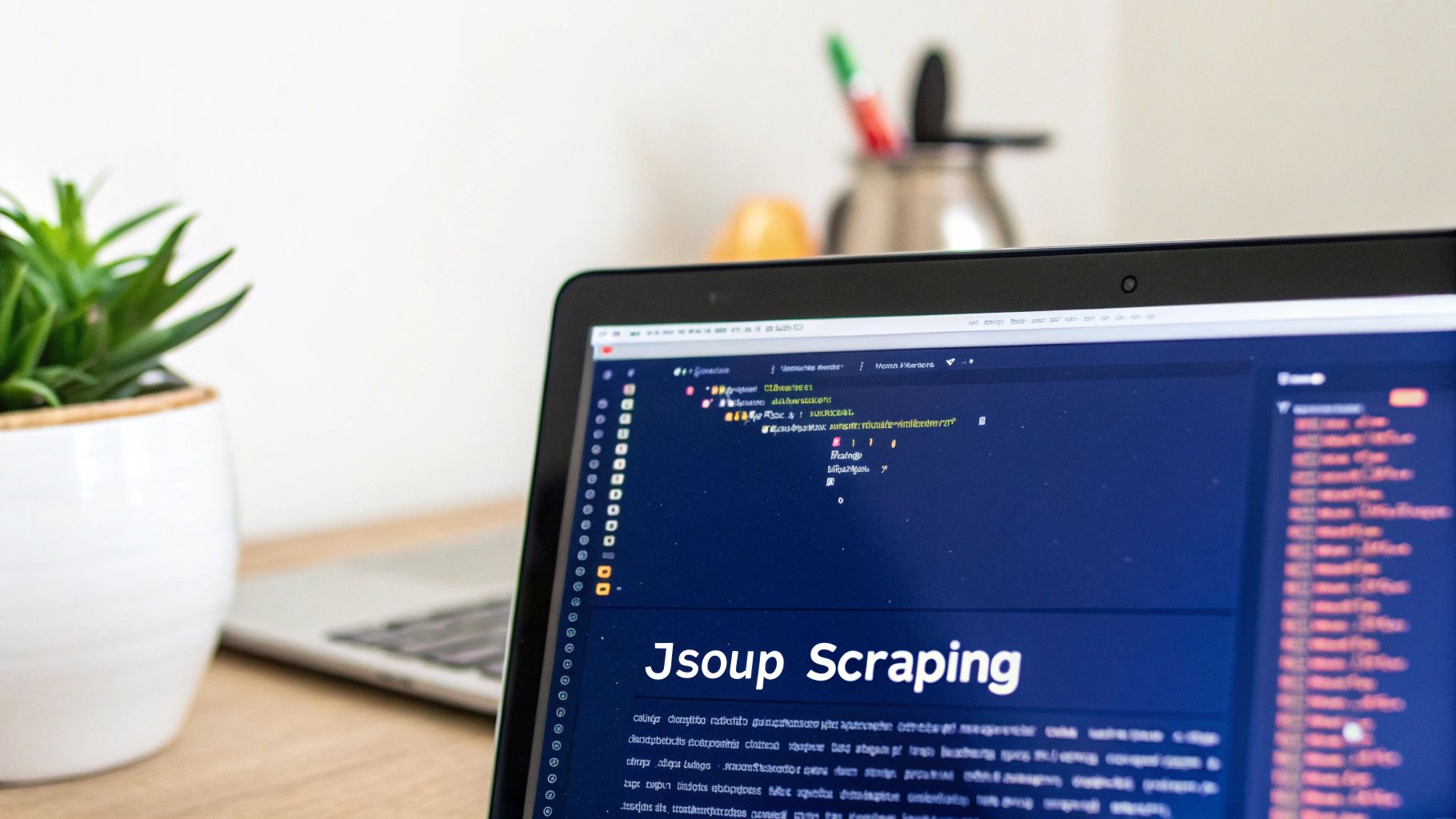 A laptop screen displaying 'Jsoup Scraping' text and code, suggesting Java web scraping.