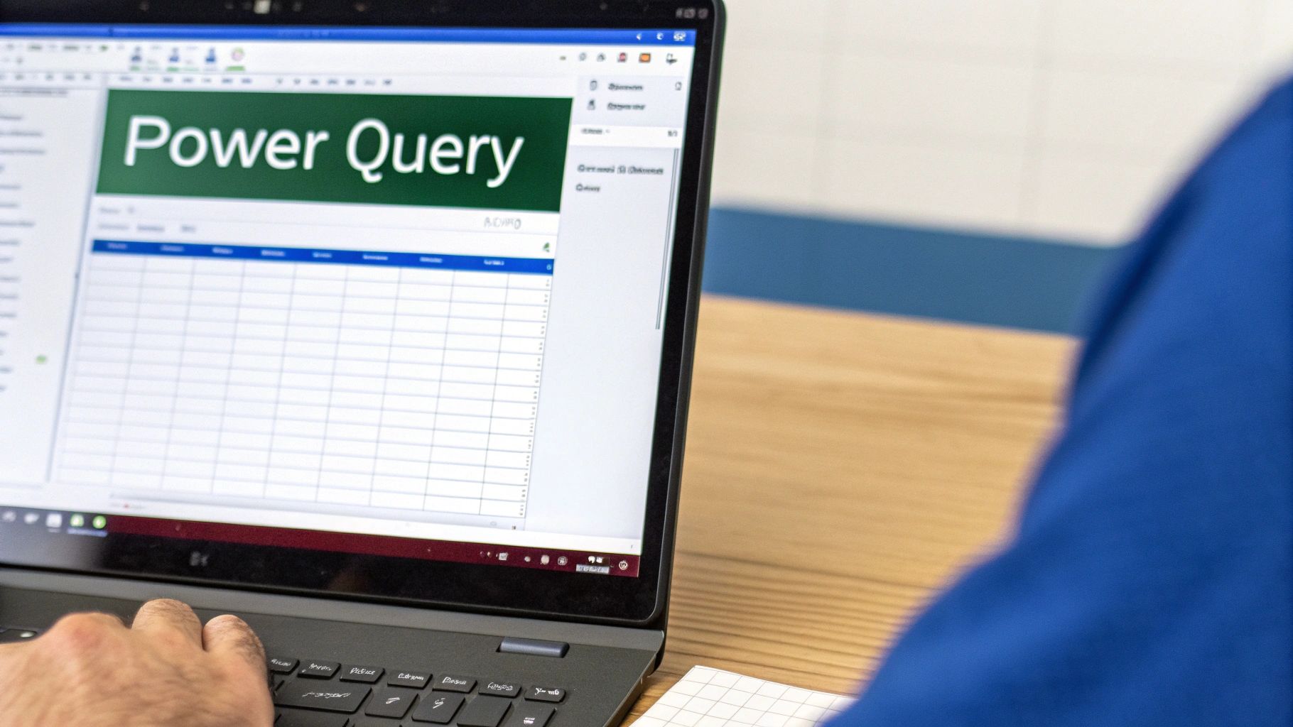 A person's hand typing on a laptop displaying 'Power Query' with a spreadsheet.