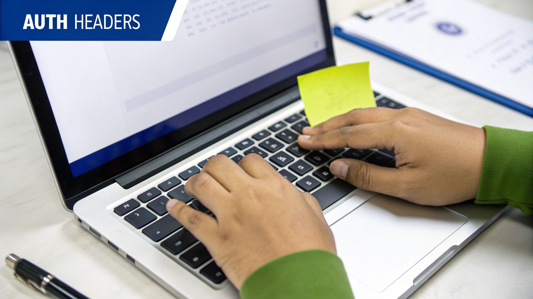 Hands typing on a silver laptop keyboard with a yellow sticky note. A pen and clipboard are visible.