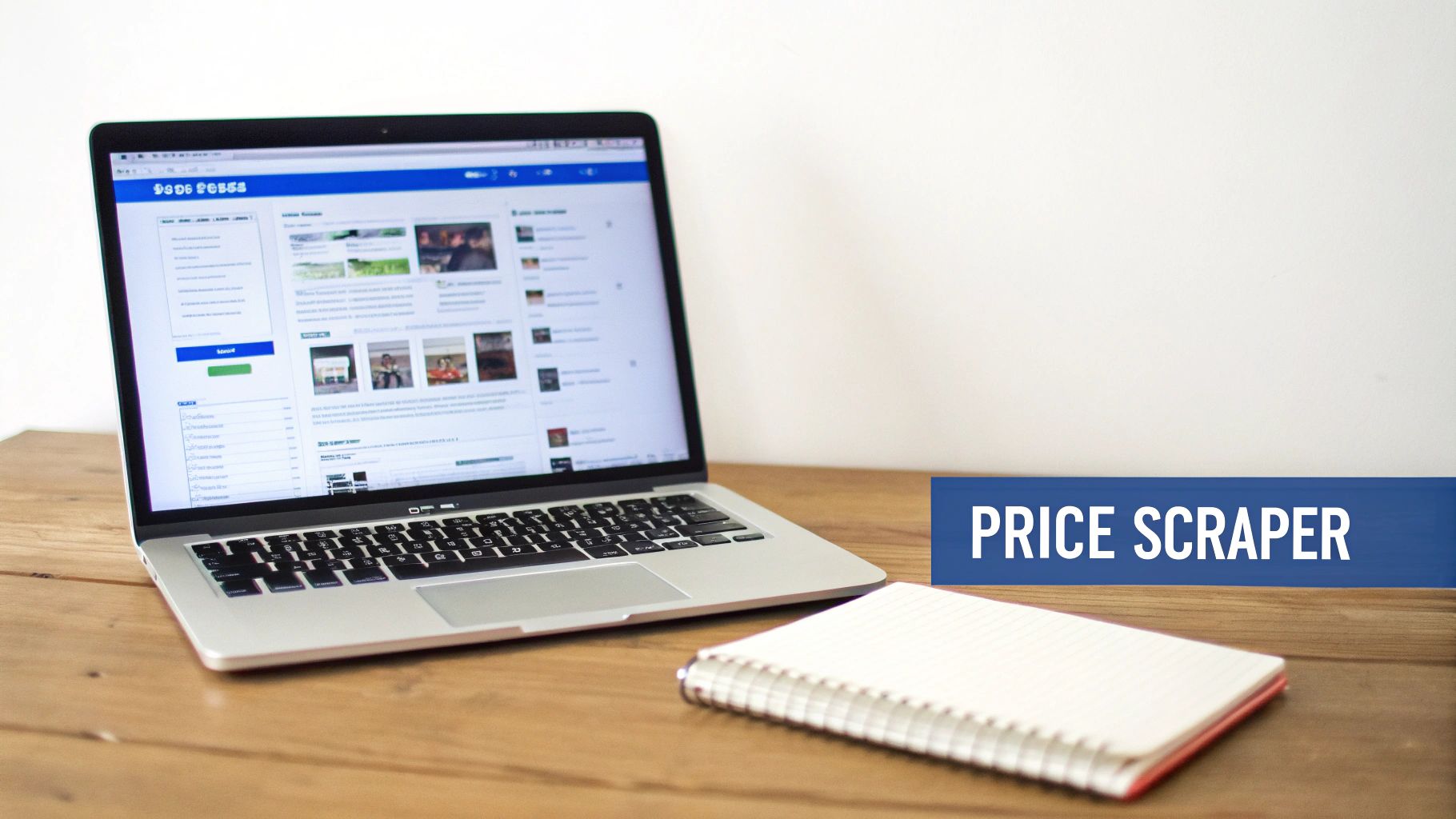 Laptop displaying price comparison website with notebook on wooden desk for competitor price monitoring