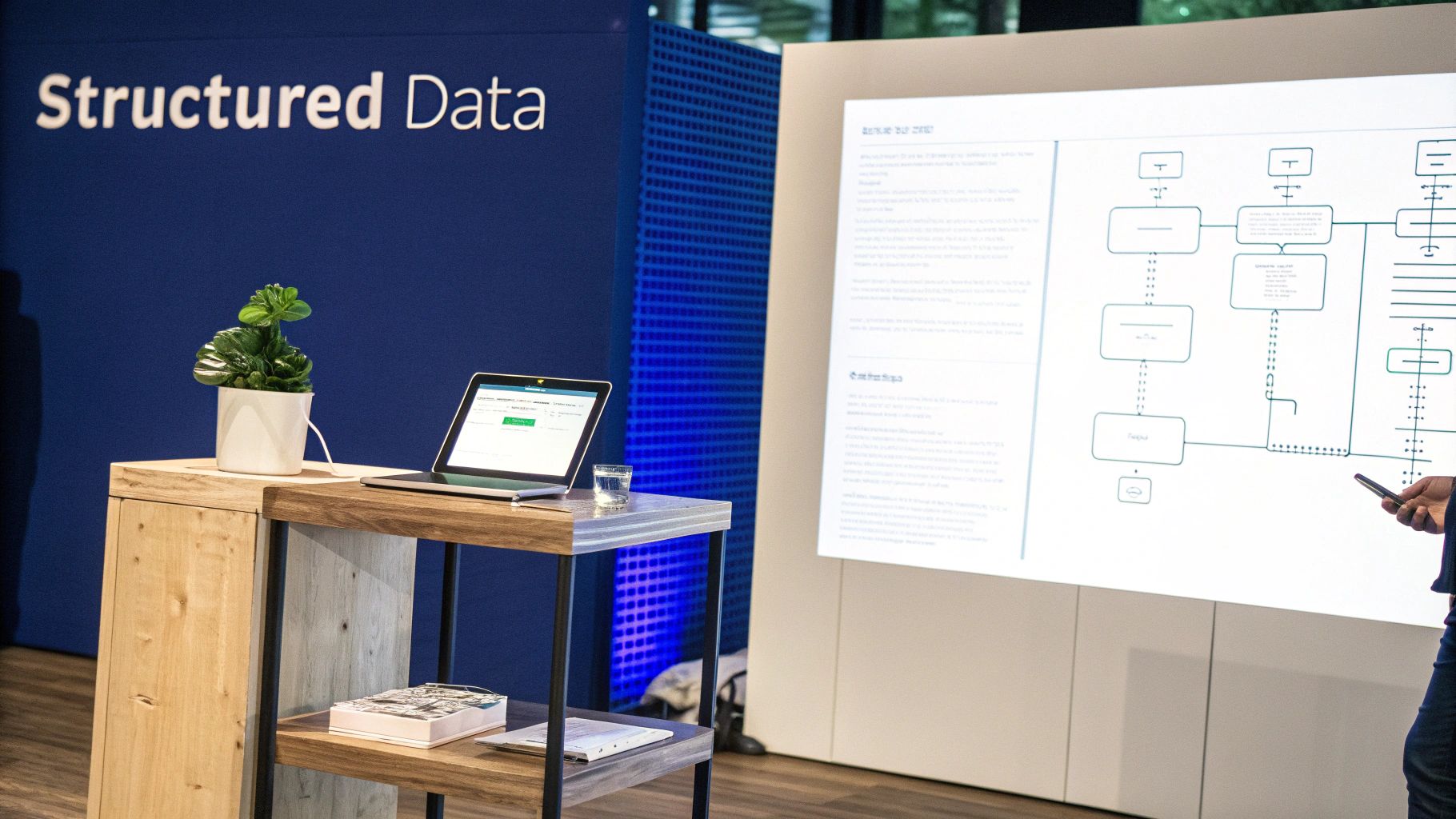 Structured data presentation with flowchart diagram on screen and tablet at modern office workspace