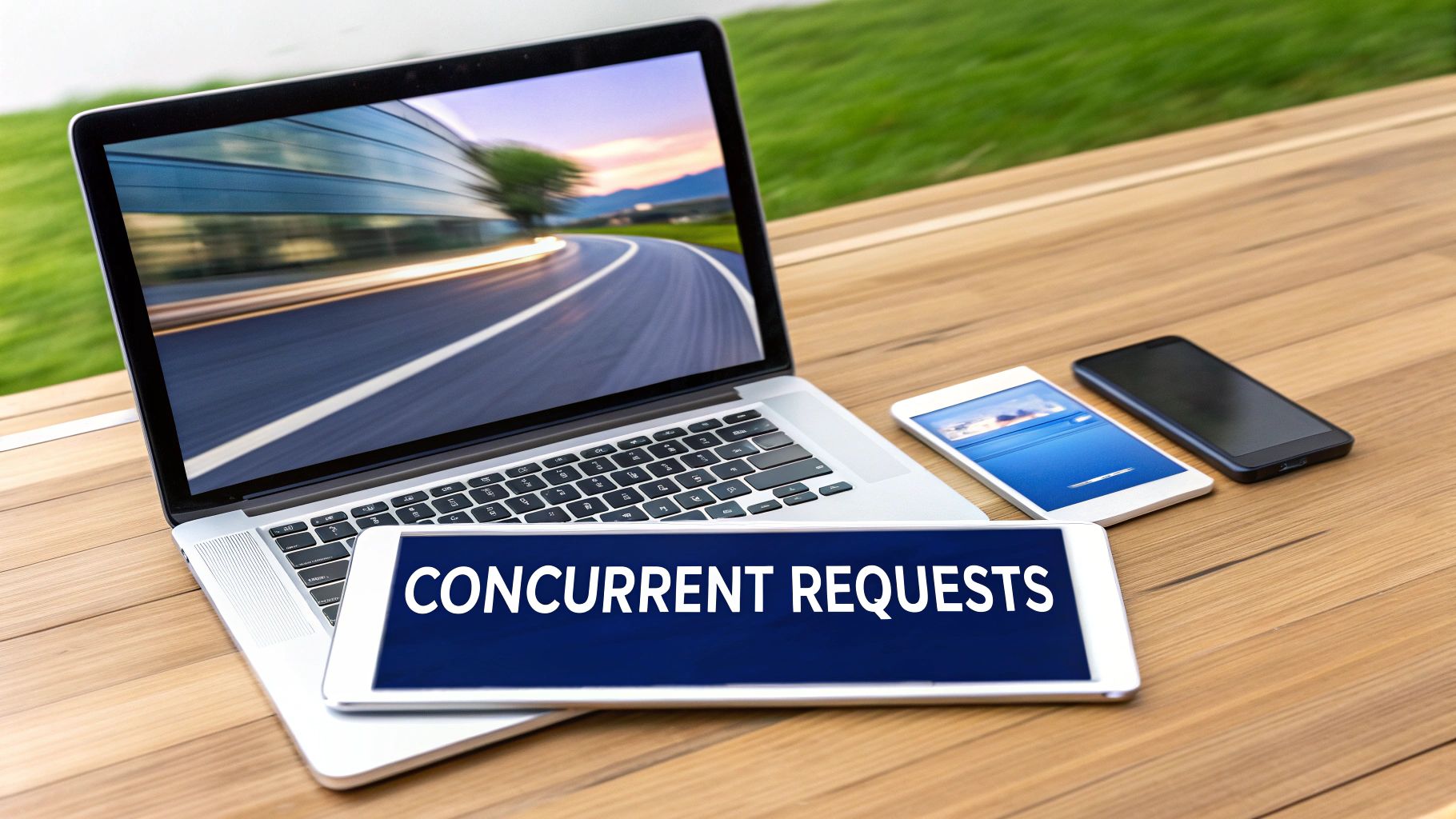 A laptop, tablet, and smartphones on a wooden table, with the tablet displaying 'CONCURRENT REQUESTS'.