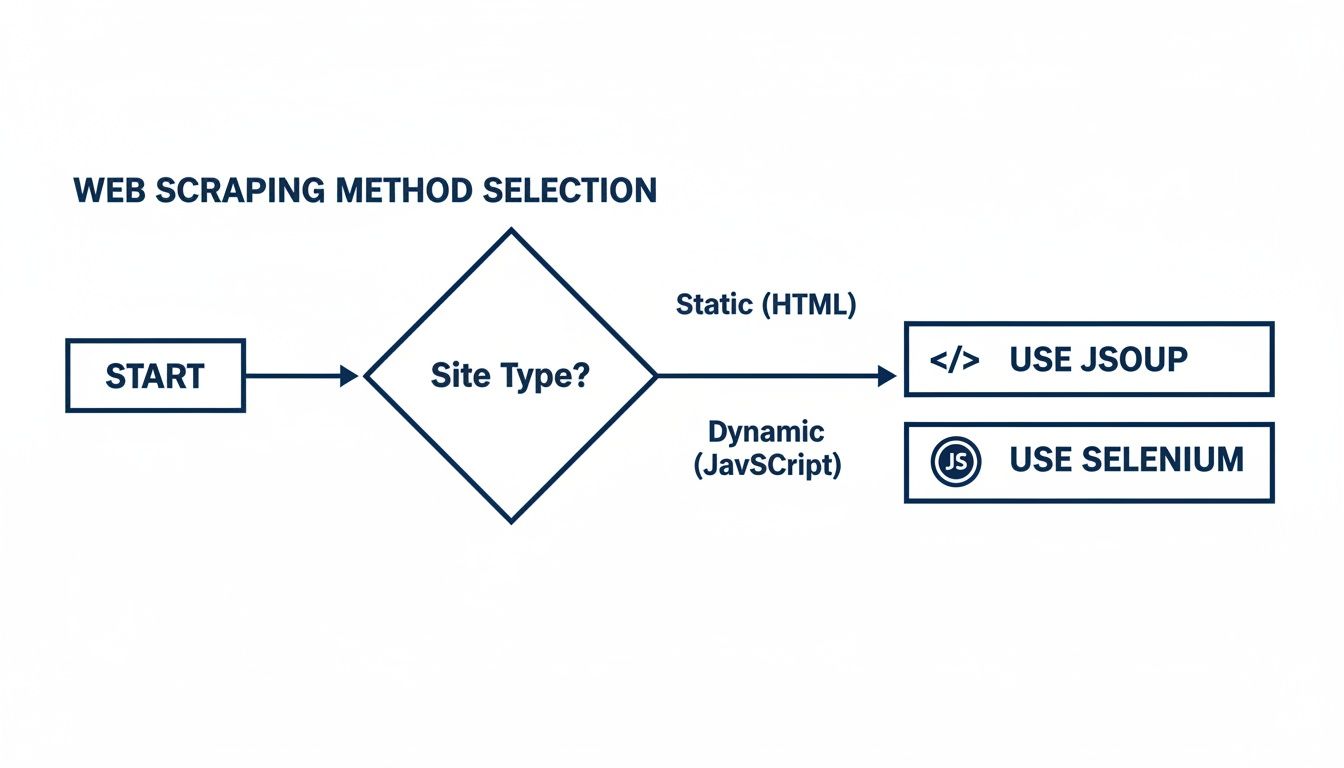 Flowchart guiding web scraping method selection: JSOUP for static HTML, Selenium for dynamic JavaScript sites.