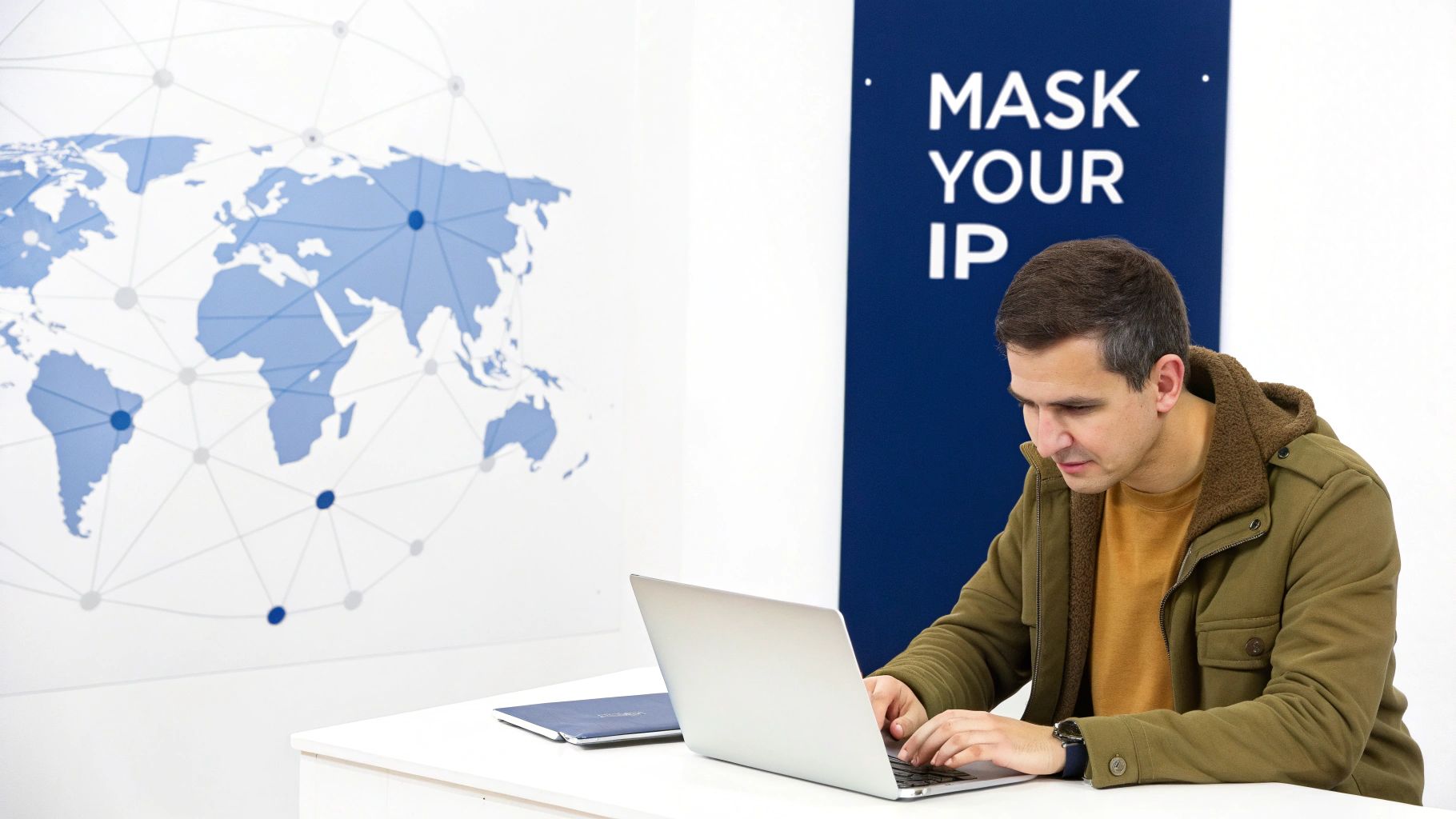 A man focused on a laptop in an office with a world map and 'MASK YOUR IP' banner.