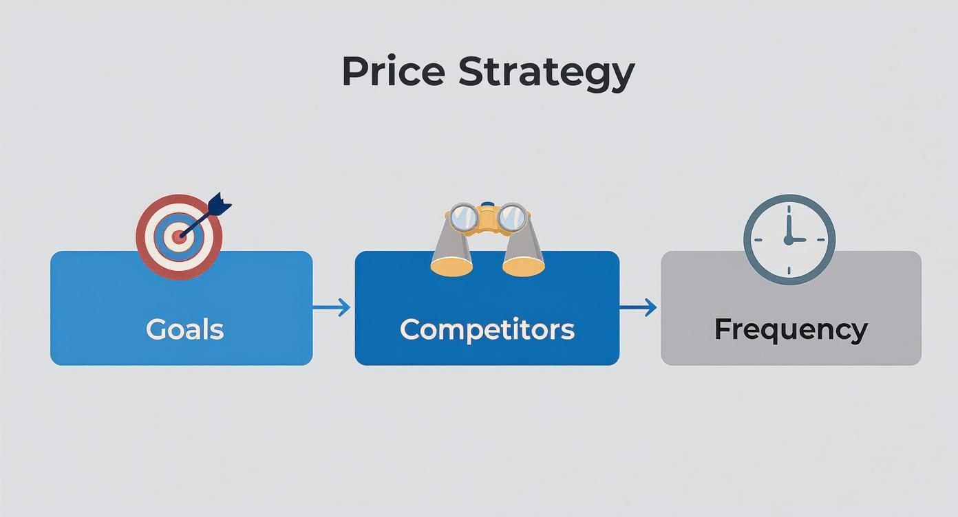 Price strategy flowchart showing goals, competitors analysis, and frequency monitoring process with arrows