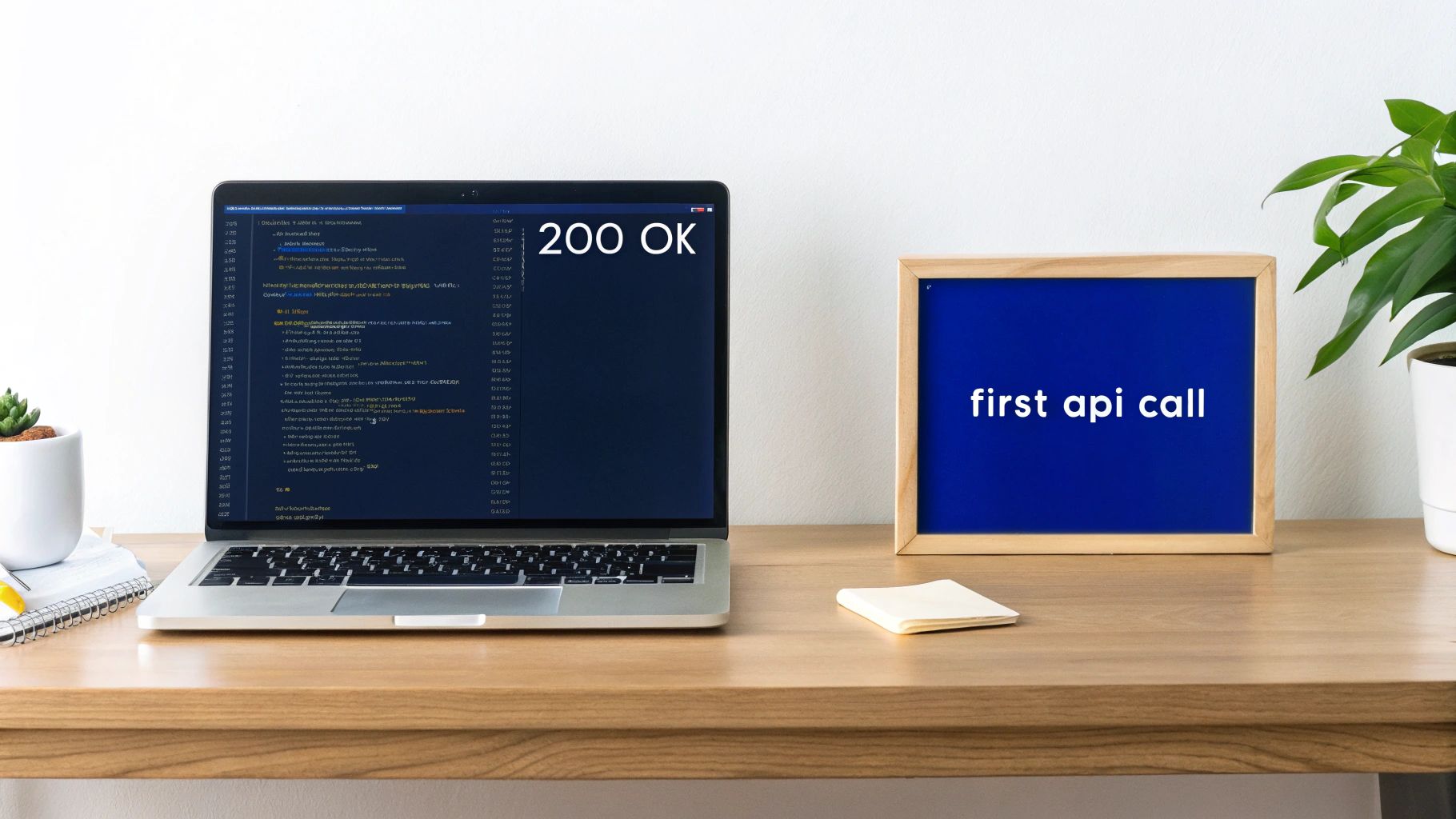 A laptop displays '200 OK' and code, next to a 'first api call' sign on a wooden desk.