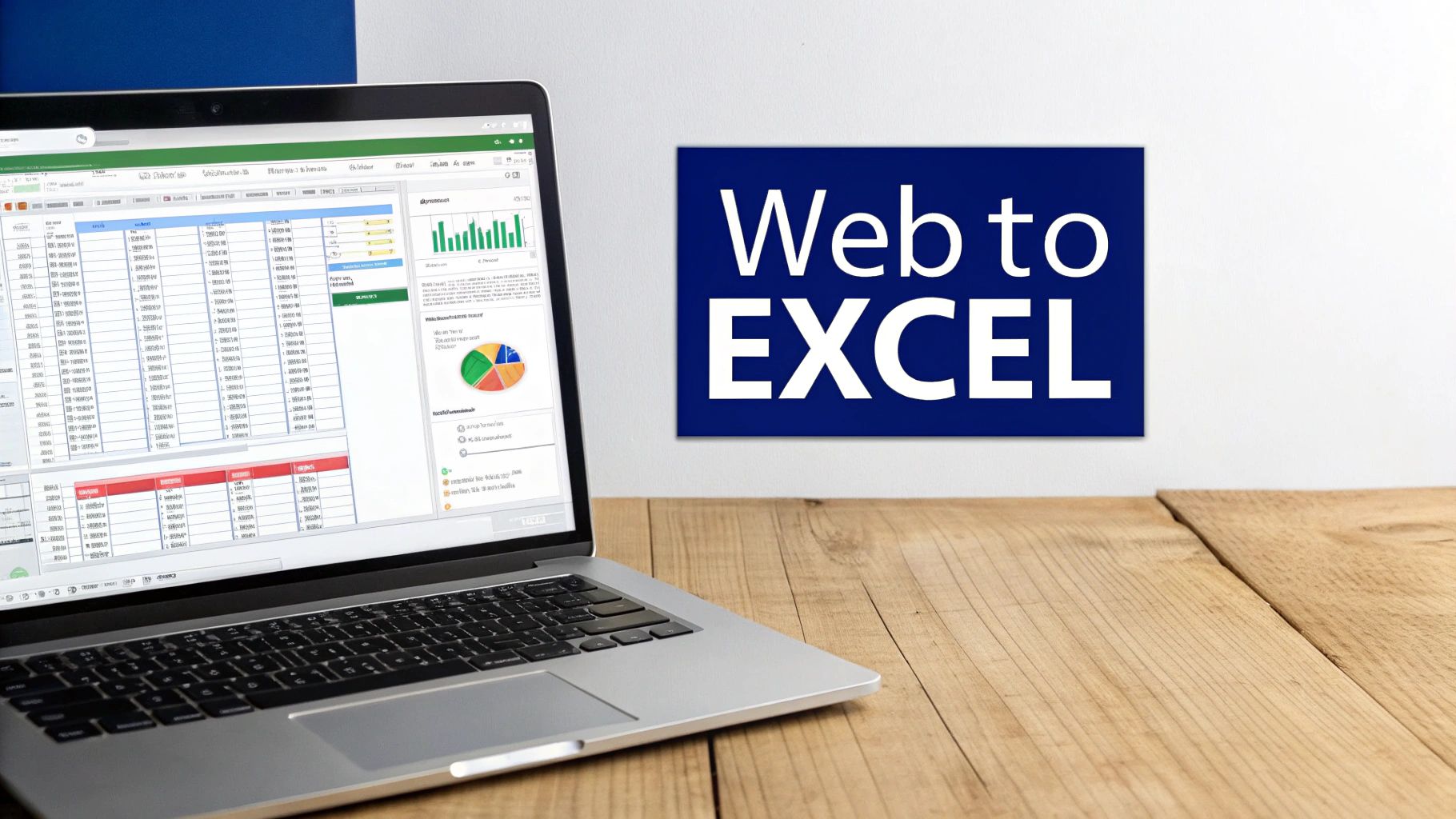 A laptop displaying an Excel-like interface with charts on a wooden desk. A "Web to EXCEL" sign is on the wall.