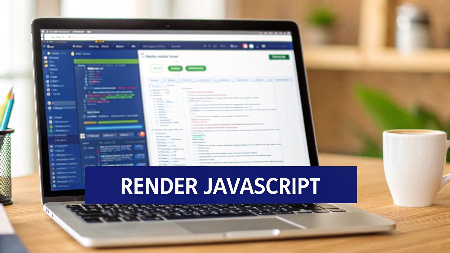Laptop displaying JavaScript code and a 'RENDER JAVASCRIPT' banner on a wooden desk with coffee.