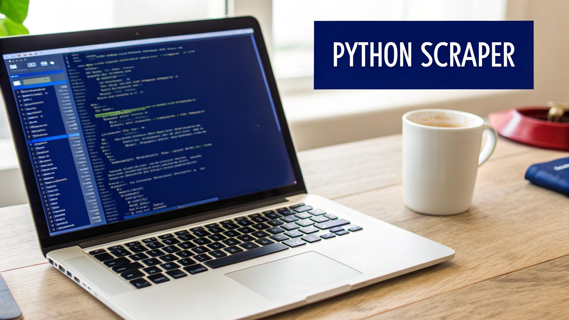 A laptop screen showing Python code, with a coffee cup nearby and a 'PYTHON SCRAPER' text overlay.