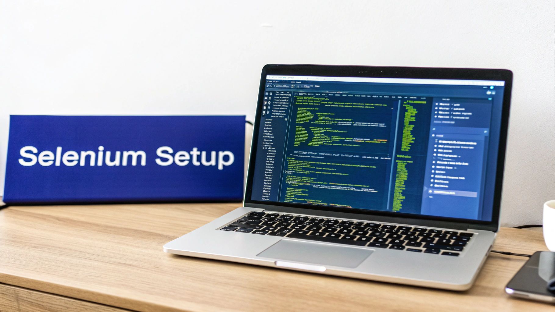 Laptop displaying code with a 'Selenium Setup' sign on a wooden desk, highlighting web automation.