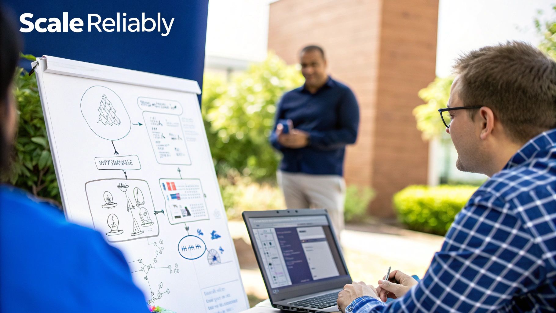 Professionals collaborate outdoors, examining a flip chart with diagrams and a laptop during a business meeting.