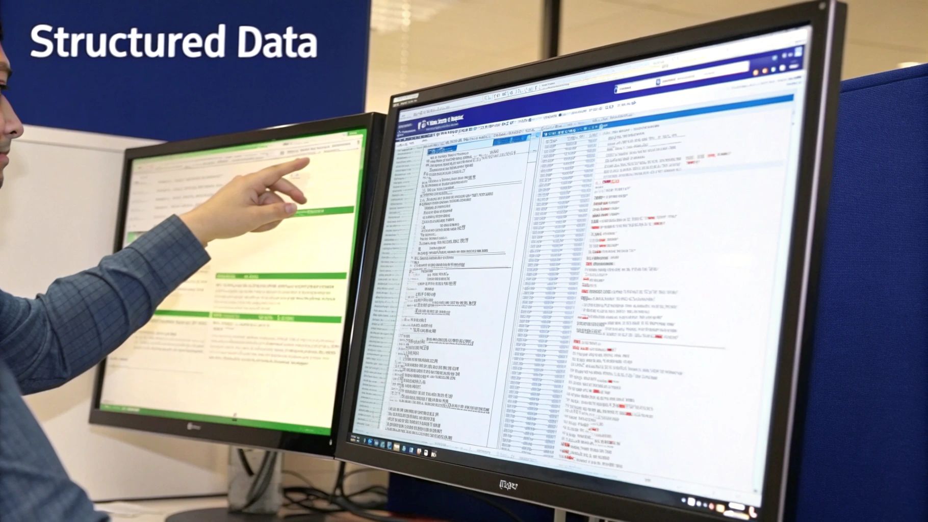 Man analyzing structured data on dual computer screens, pointing at specific information.