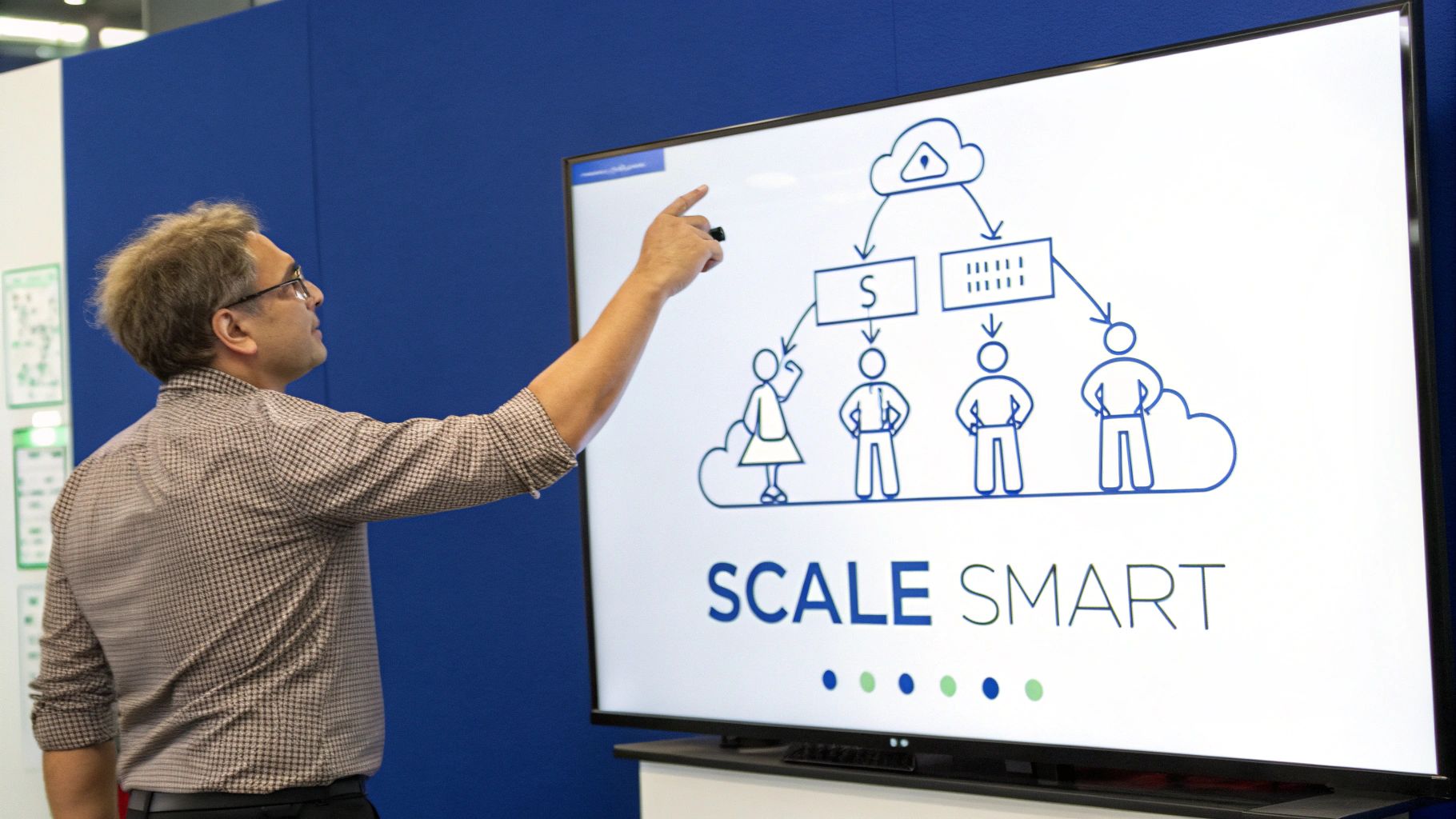Business professional presenting cloud-based scale smart system diagram on whiteboard during strategy meeting