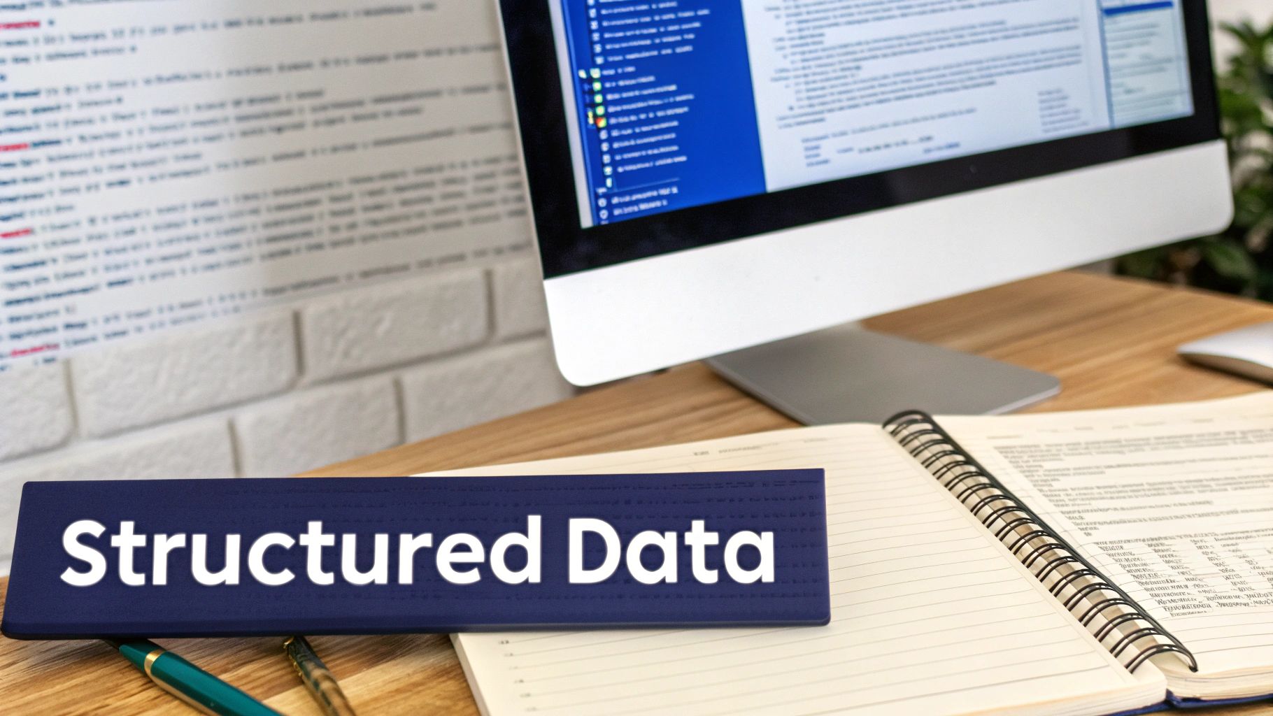 A desk with a computer displaying code, a notebook, pens, and a 'Structured Data' sign.
