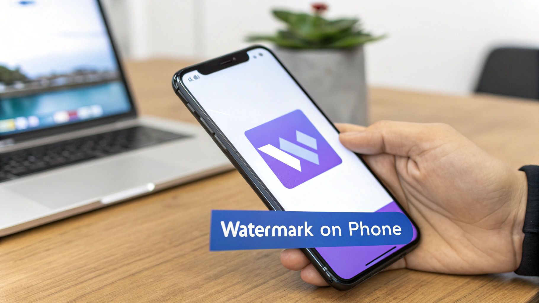 A hand holds a smartphone displaying a purple app logo with a 'Watermark on Phone' text overlay.