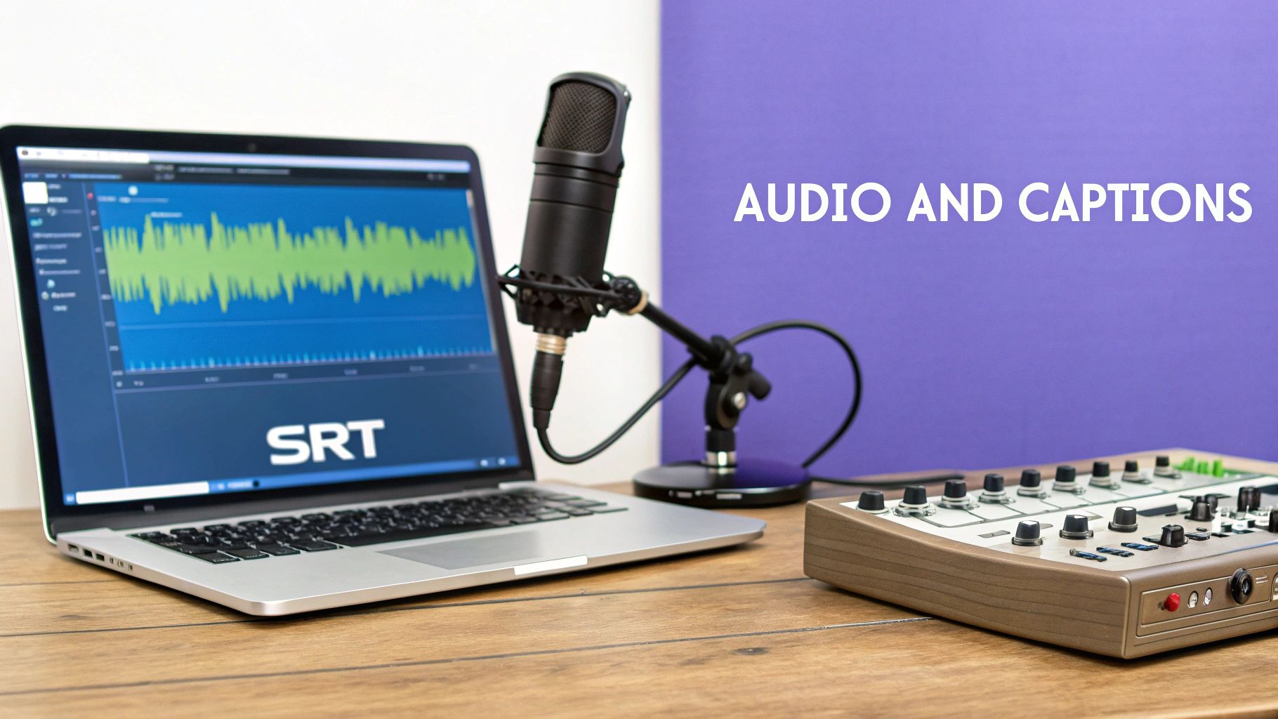 A professional audio recording setup featuring a laptop displaying a waveform, a microphone, and a sound mixer, with 'AUDIO AND CAPTIONS' text in the background.
