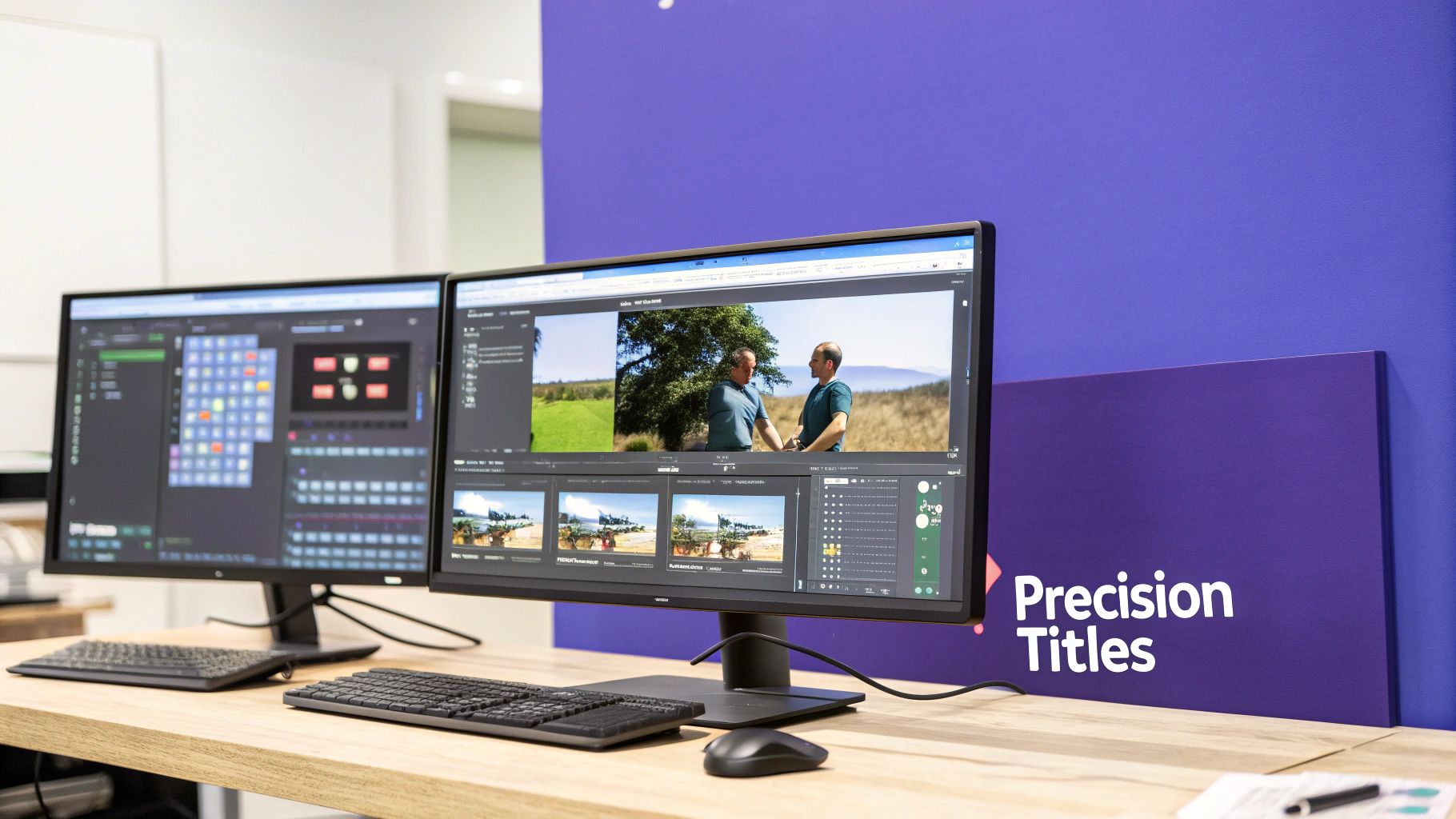 A video editing workstation with two monitors displaying software, keyboards, and a mouse on a wooden desk.