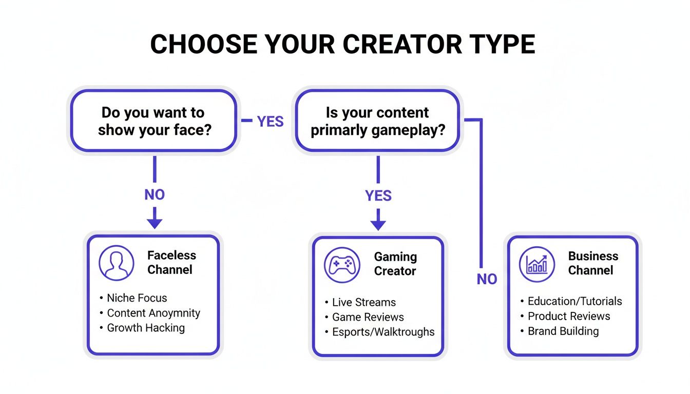 Flowchart guiding content creators to their type: Faceless, Gaming, or Business, based on face visibility and content.