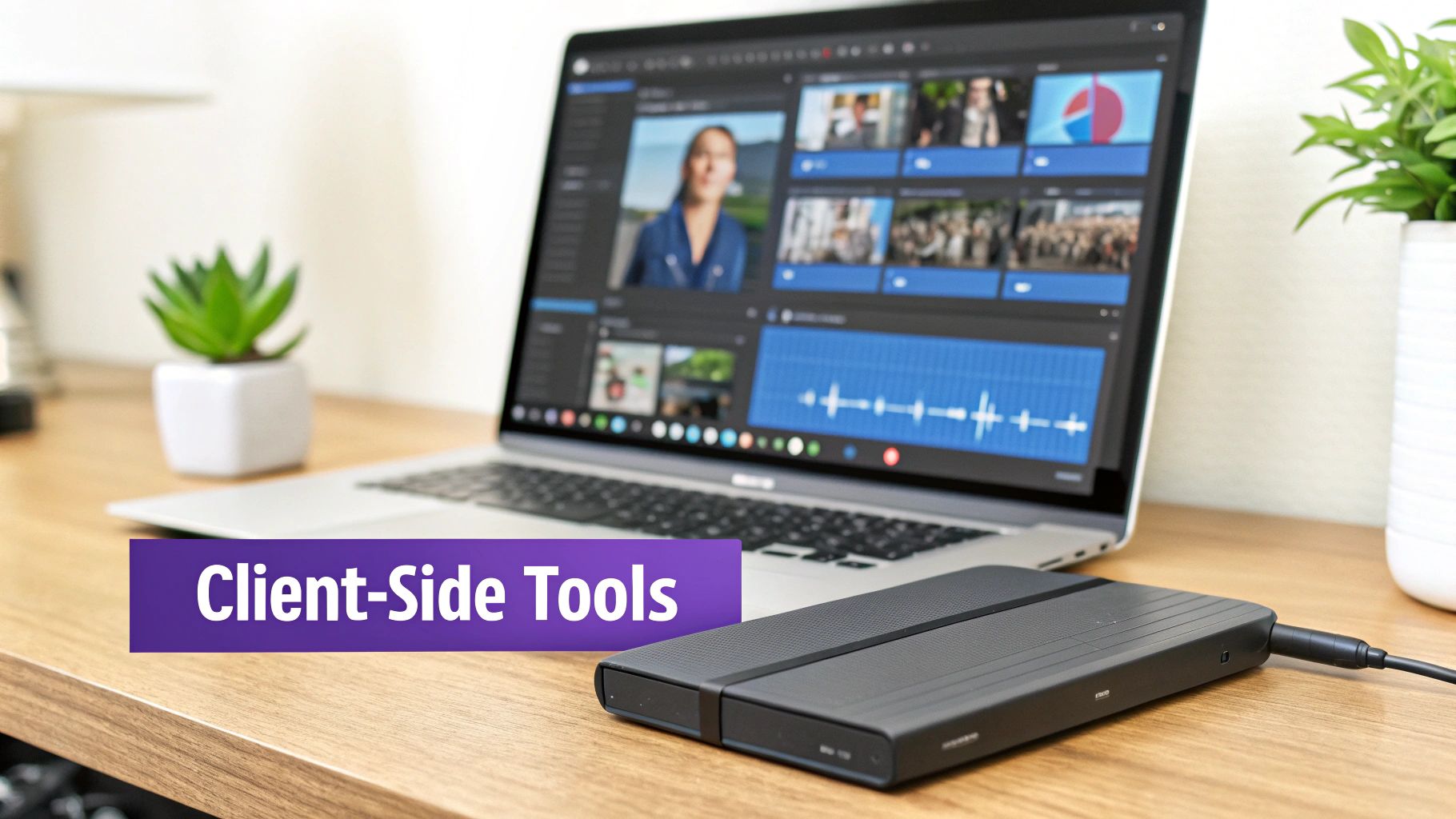 A laptop displays video editing software next to an external hard drive, with 'Client-Side Tools' overlay.