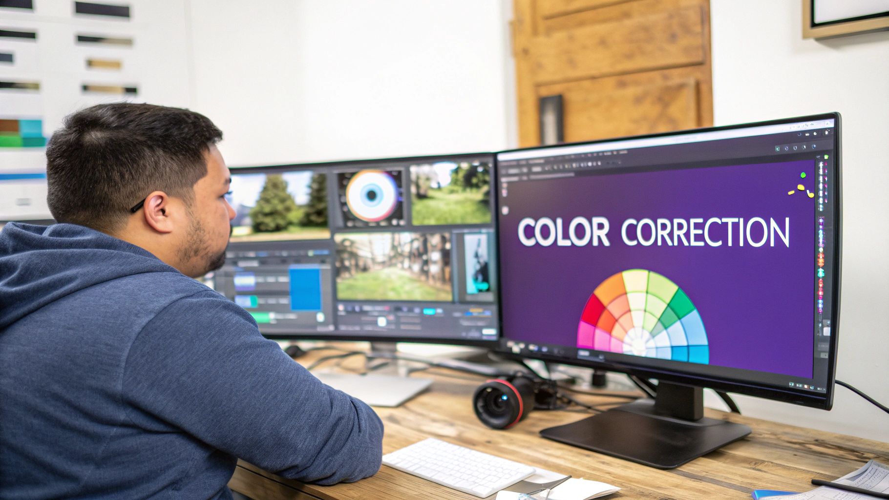 Figure 4: A content creator focused on a dual monitor setup, performing precise color correction on video footage using professional software.