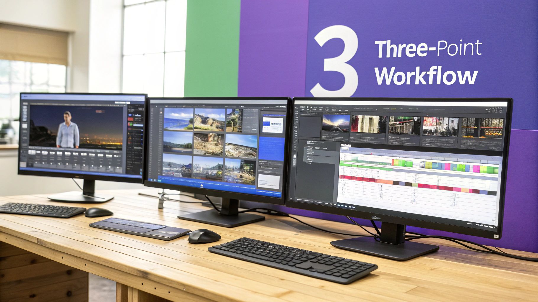 Figure 1: A professional video editing setup with three monitors displaying a timeline, media browser, and program monitor, demonstrating an organized workflow.